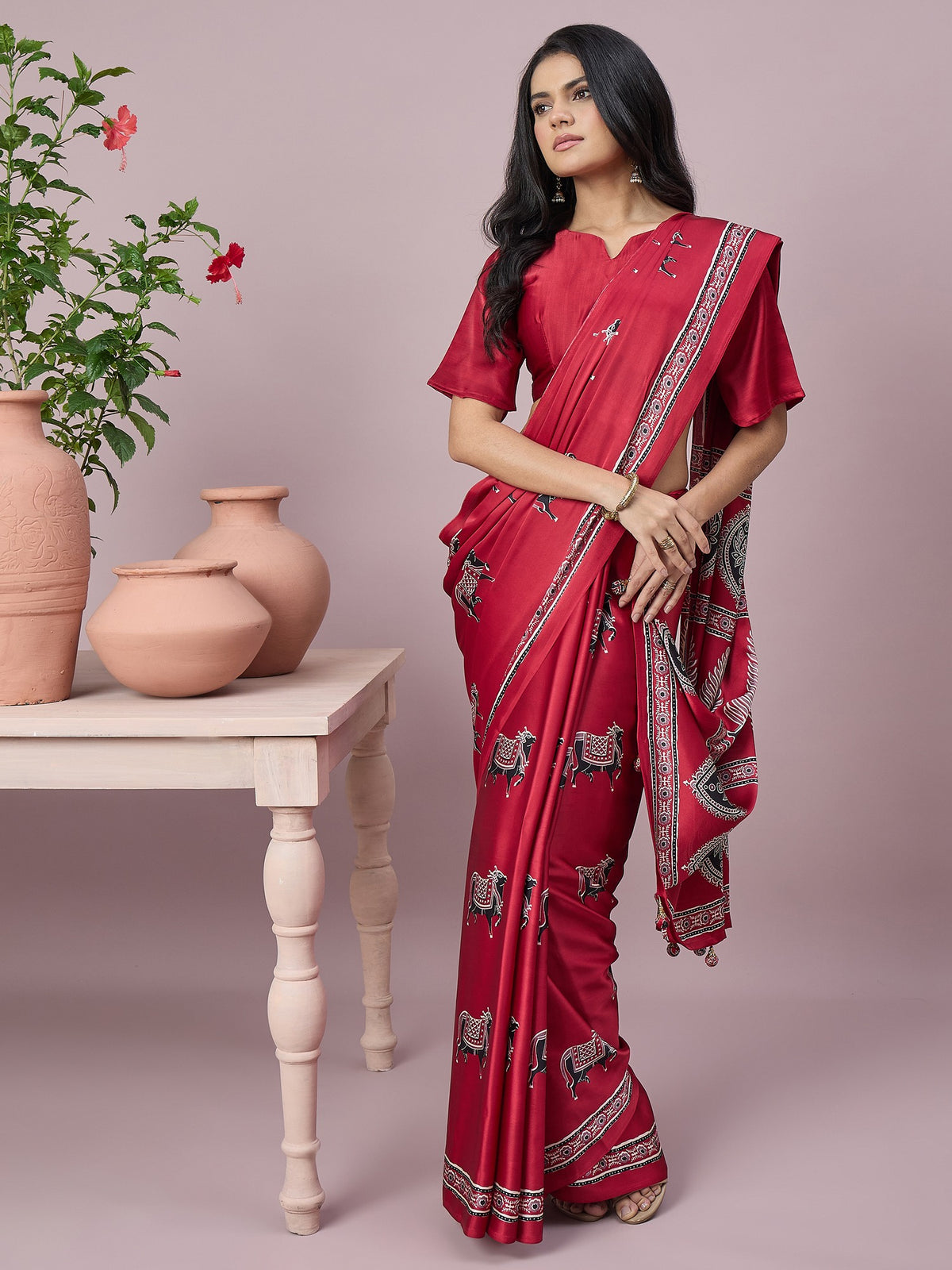 Red satin saree view 5