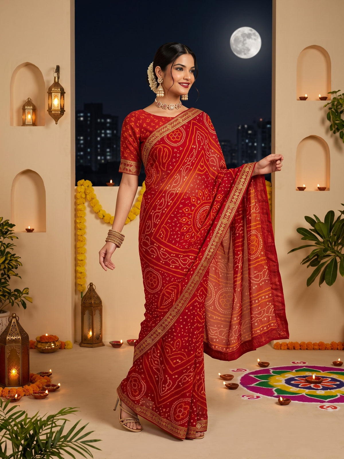 Red Chiffon saree – detail view 4