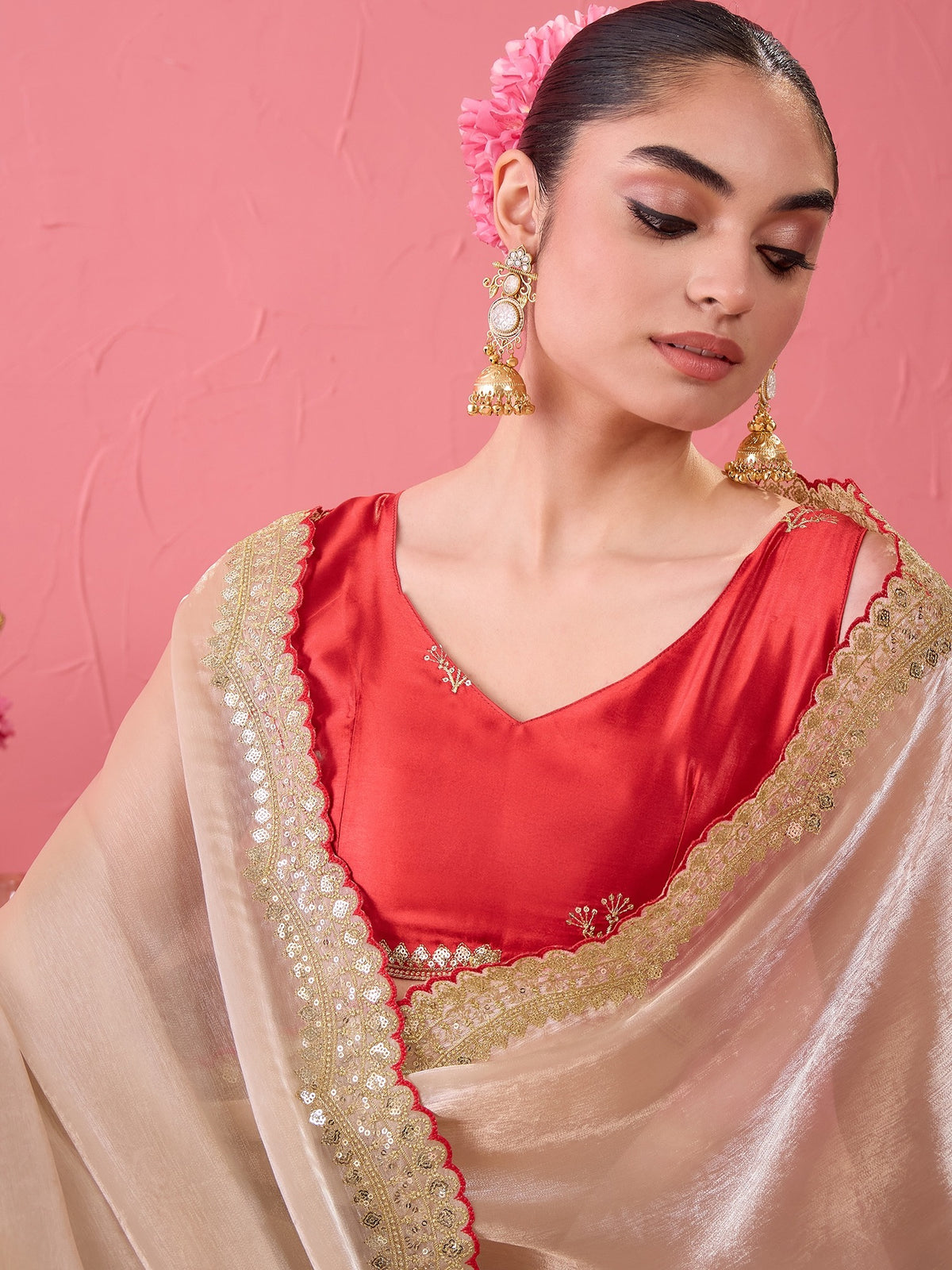 Beige Satin saree – detail view 3