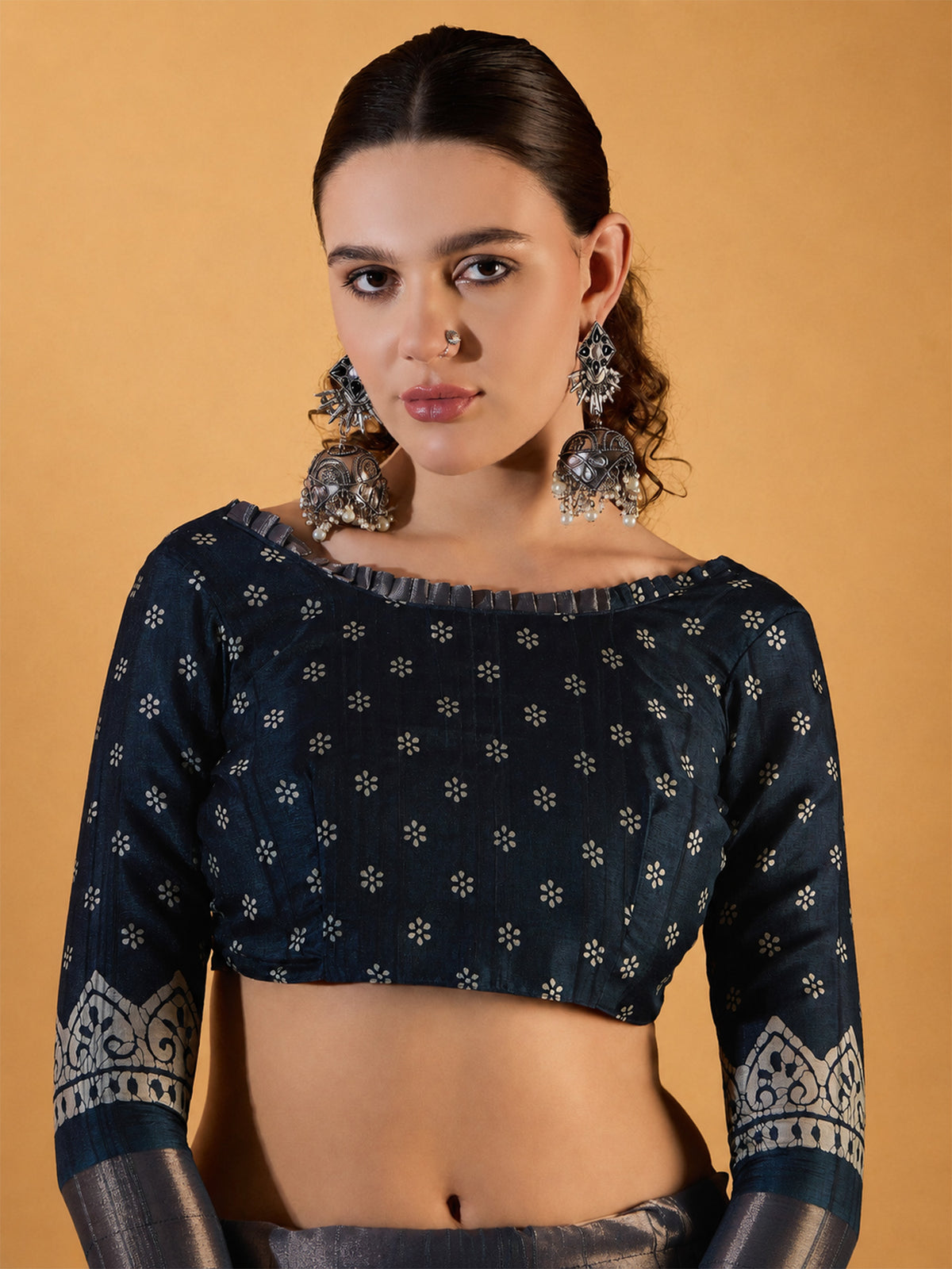 Unstitched teal blue silk blend blouse piece with ethnic motif design