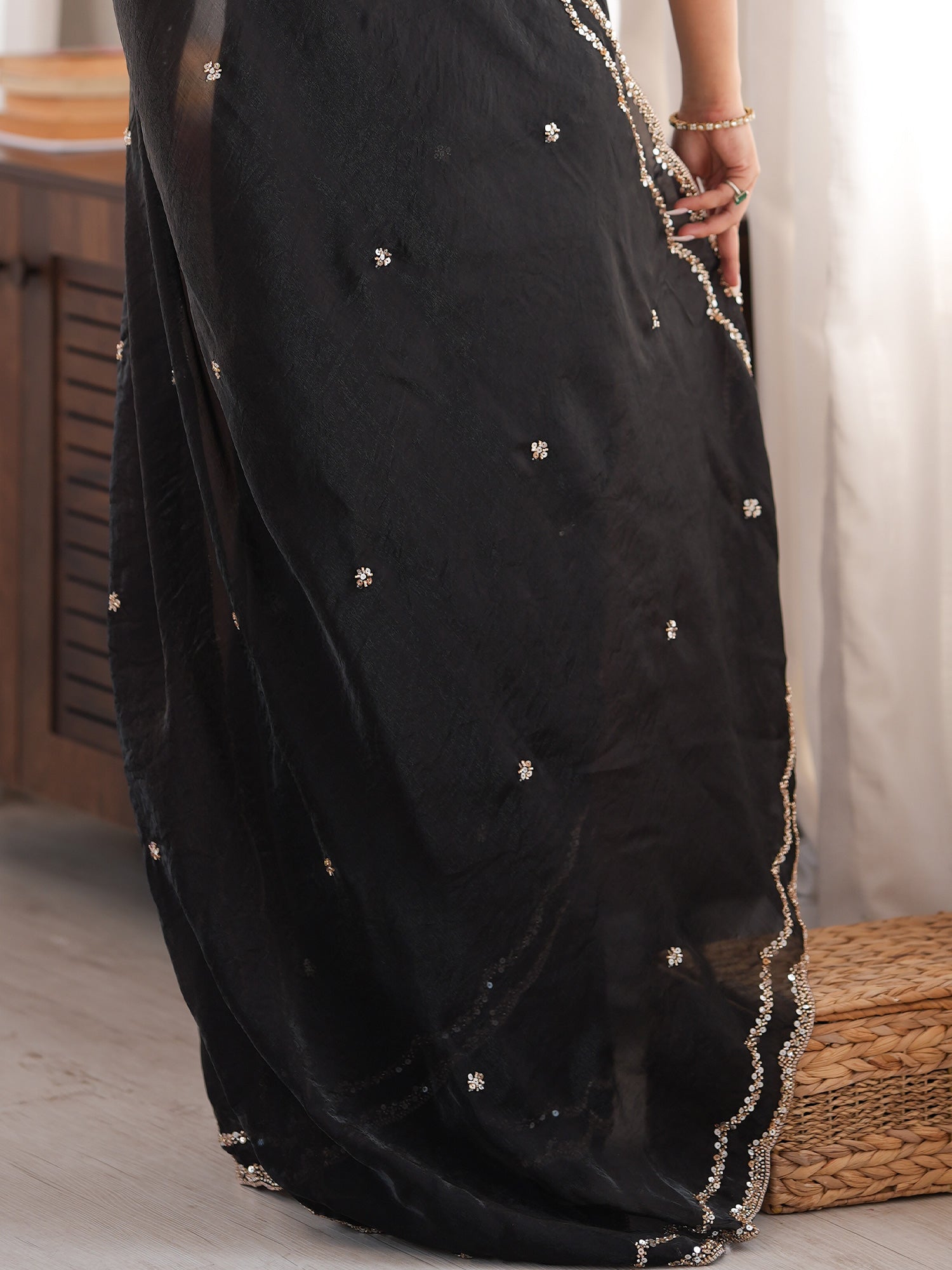 Black Satin Silk saree – detail view 5