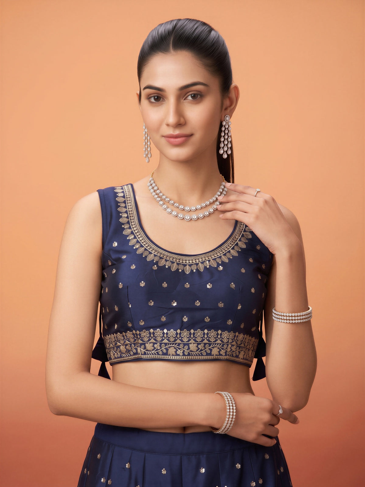 Blue sequin embellished silk blend sleeveless readymade saree blouse with round neck view 3