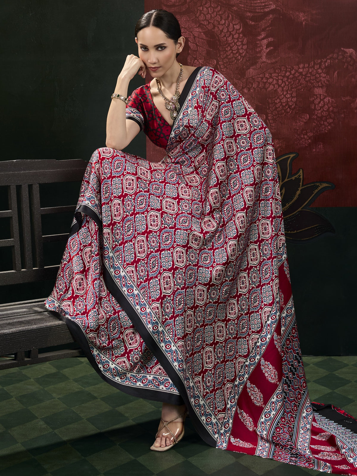 Maroon satin saree view 5