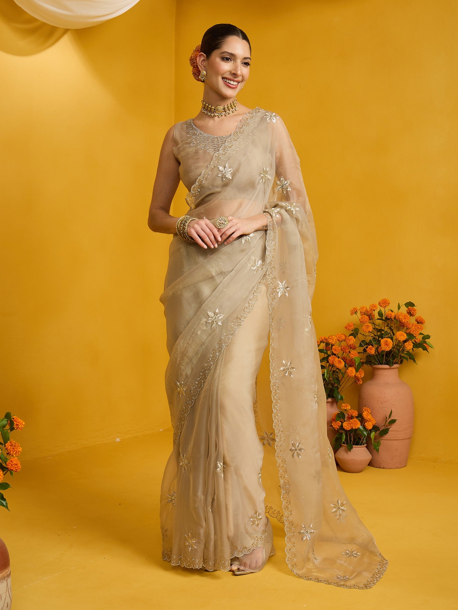 Woman wearing beige pure georgette saree with ornamented surface design and beige blouse