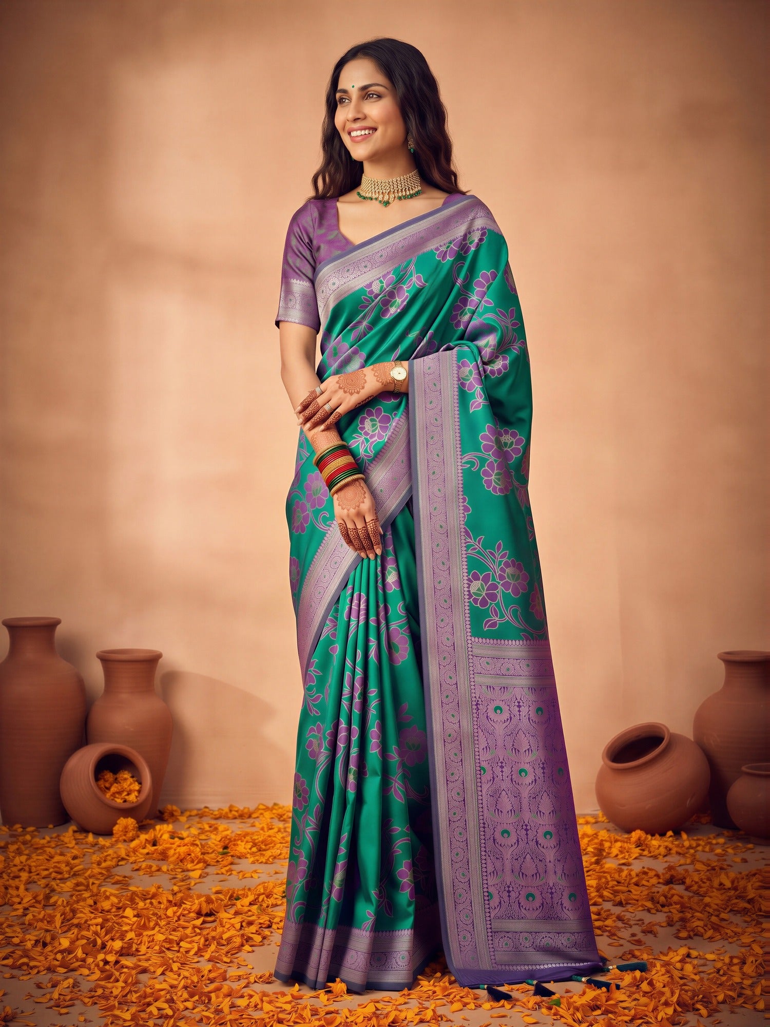 Teal Green Satin Silk saree – detail view 3