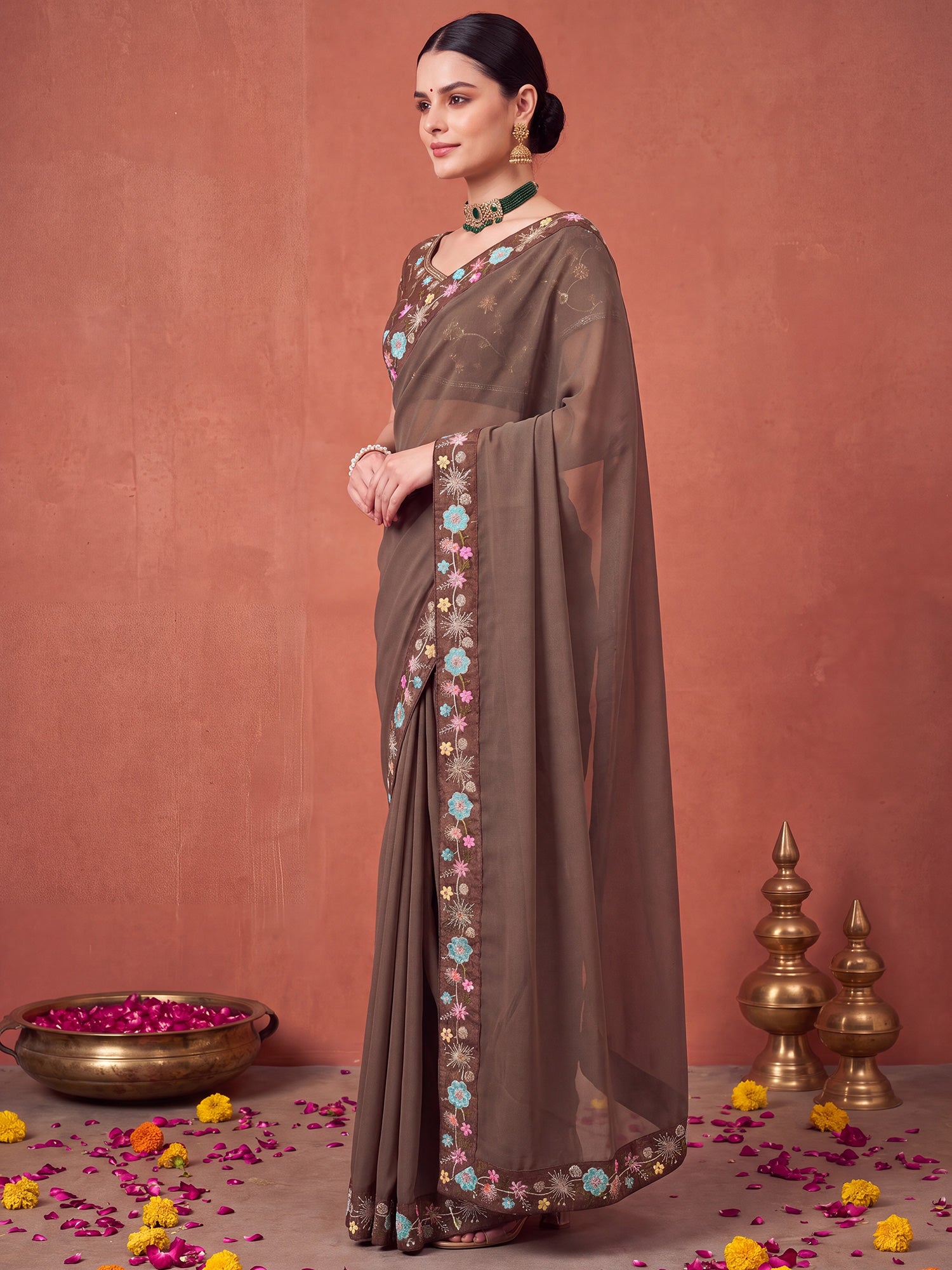 Brown Poly Georgette saree – detail view 2