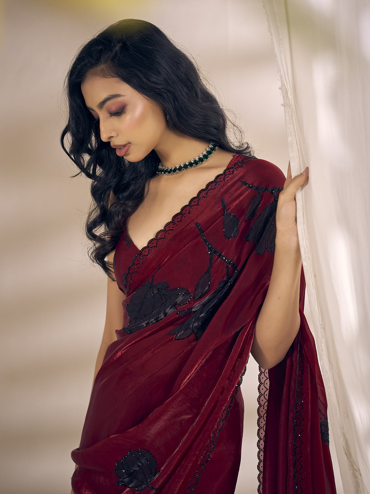 Maroon satin silk saree view 4