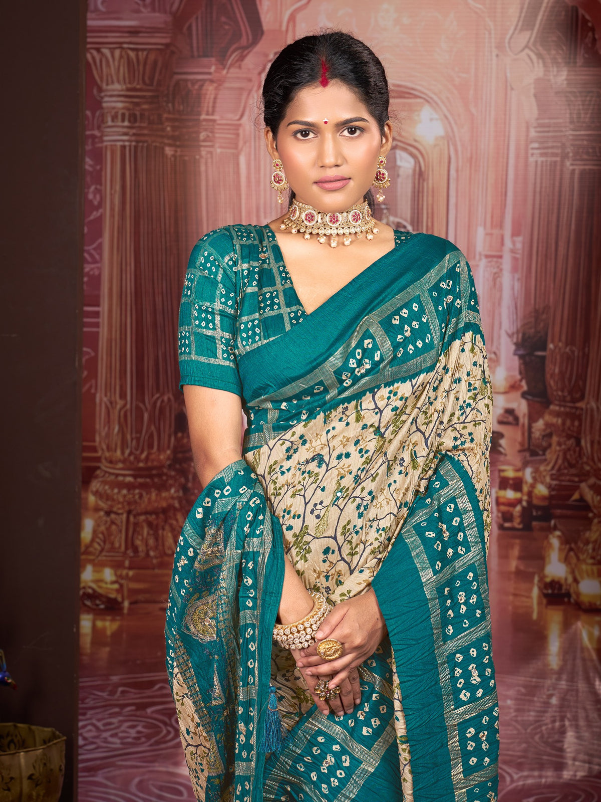Cream tussar silk saree view 2