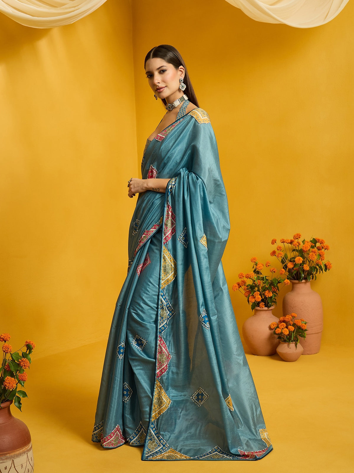 Teal Blue Silk Cotton saree – detail view 1