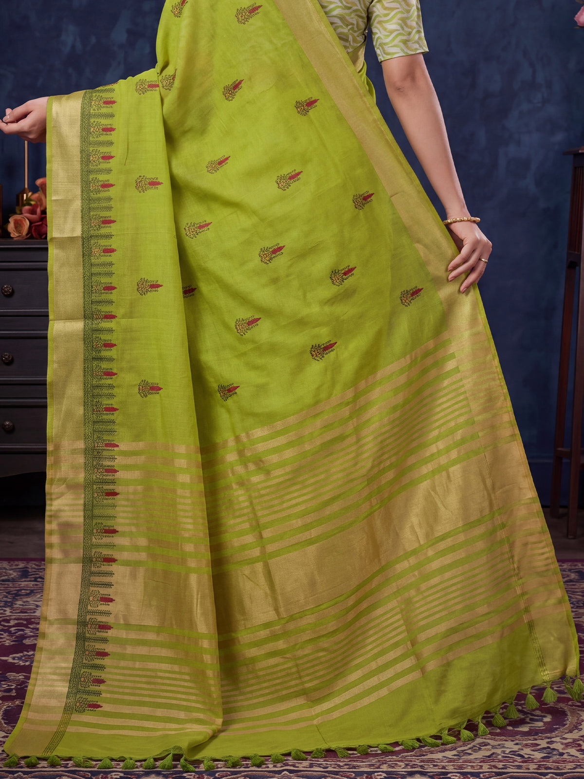 Lime Green Cotton Linen saree – detail view 5