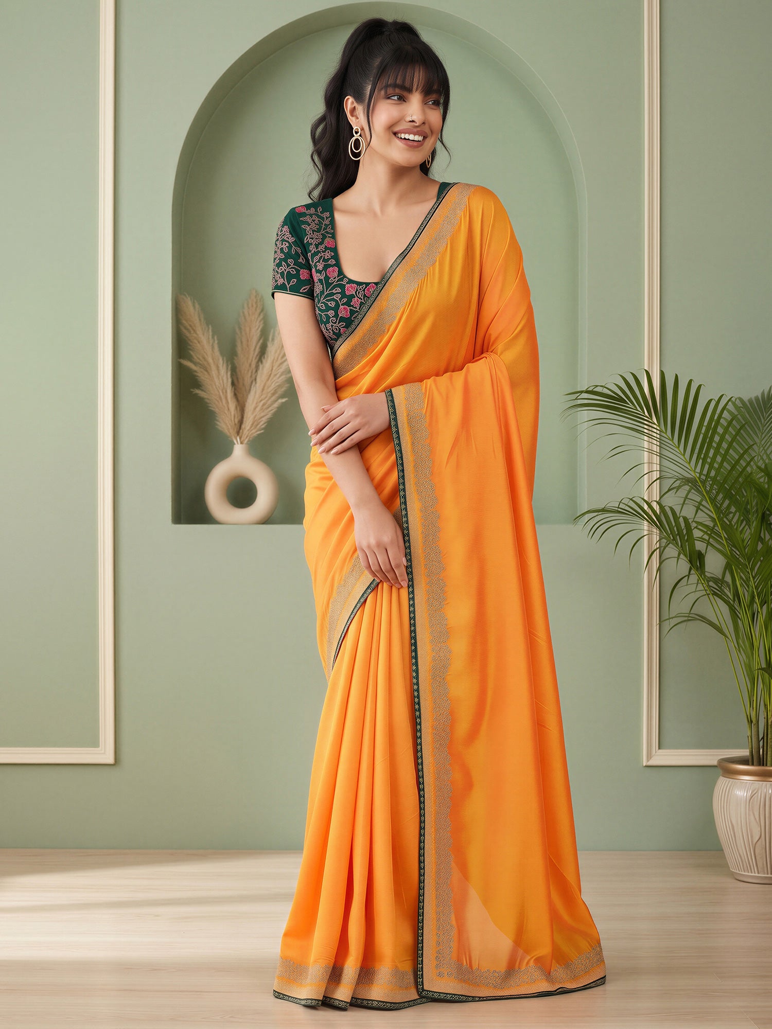Yellow Vichitra Silk saree – detail view 2