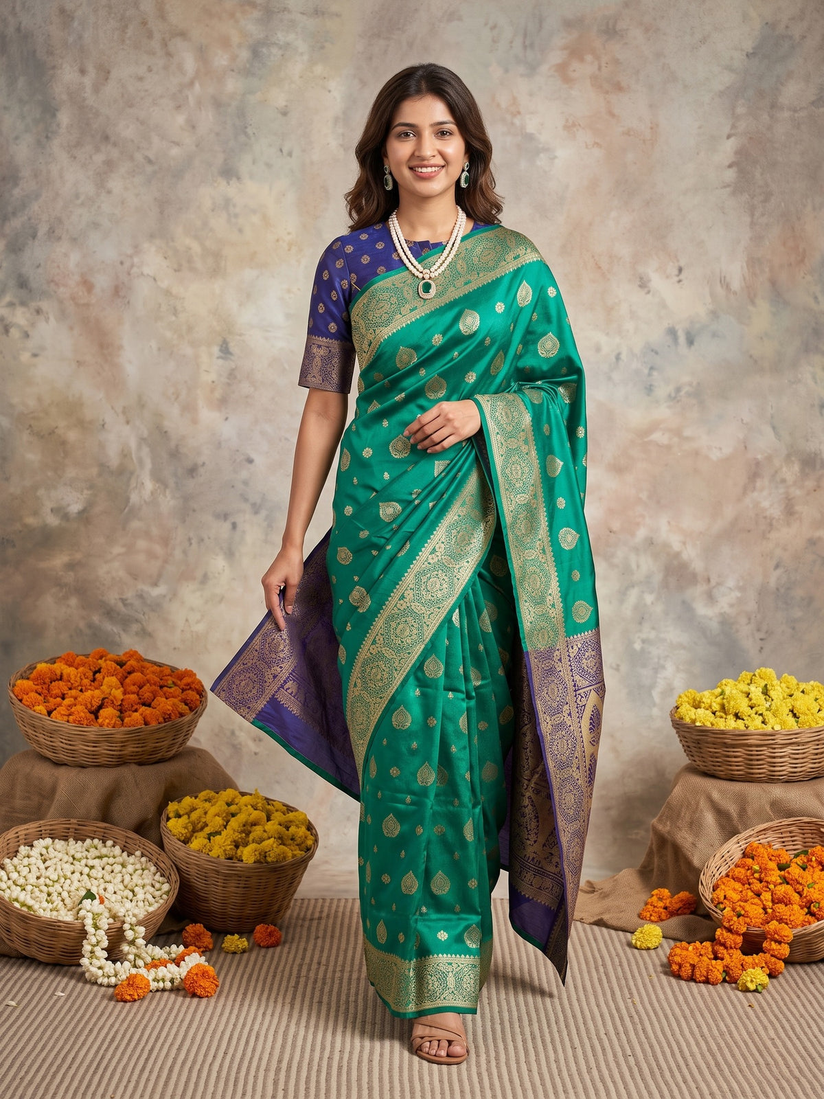 Teal Green Silk Blend saree – detail view 2