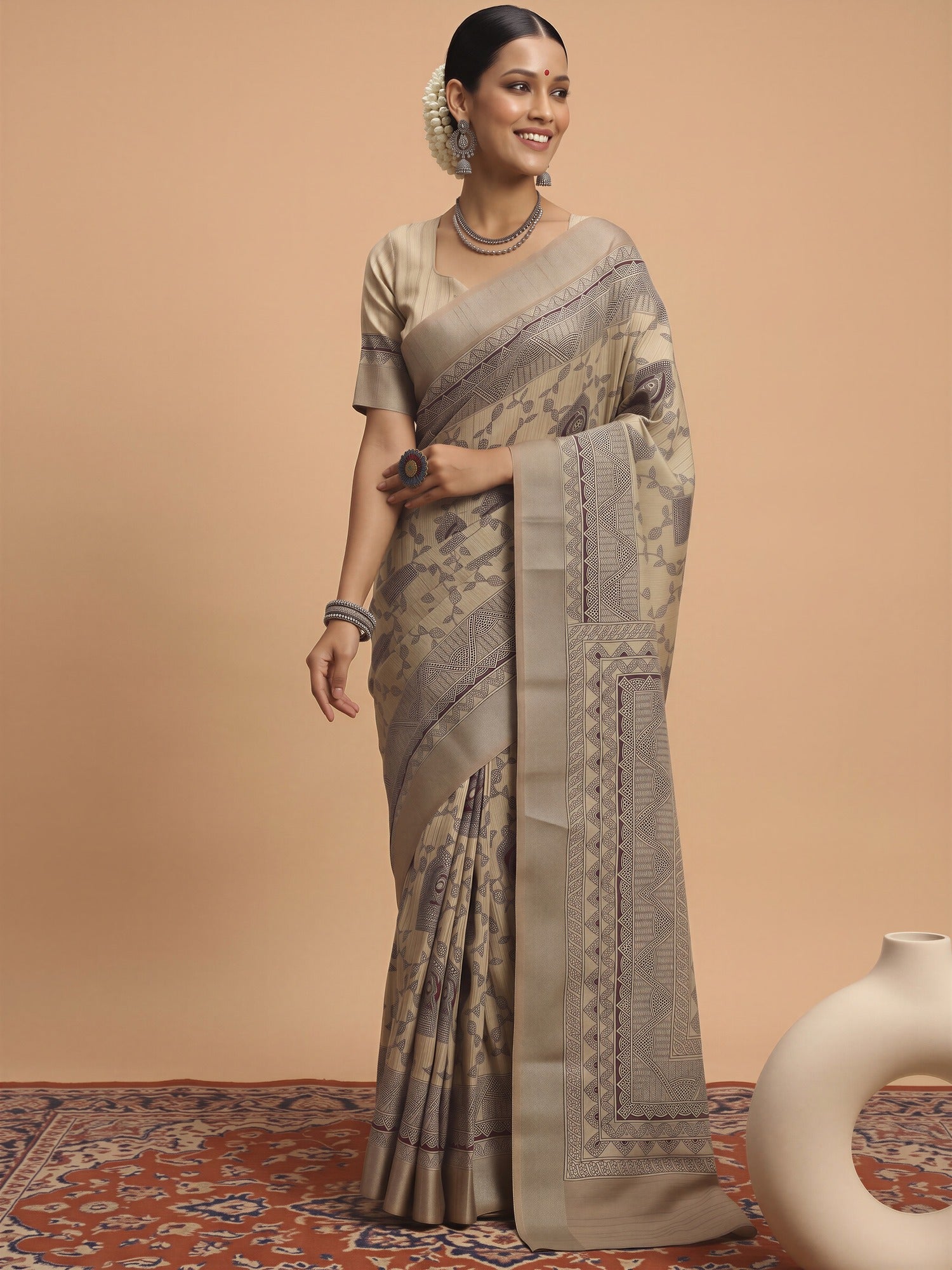 Cream Satin Silk saree – detail view 3