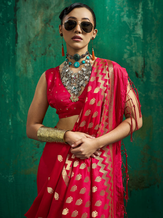 Red Satin Silk saree – detail view 3
