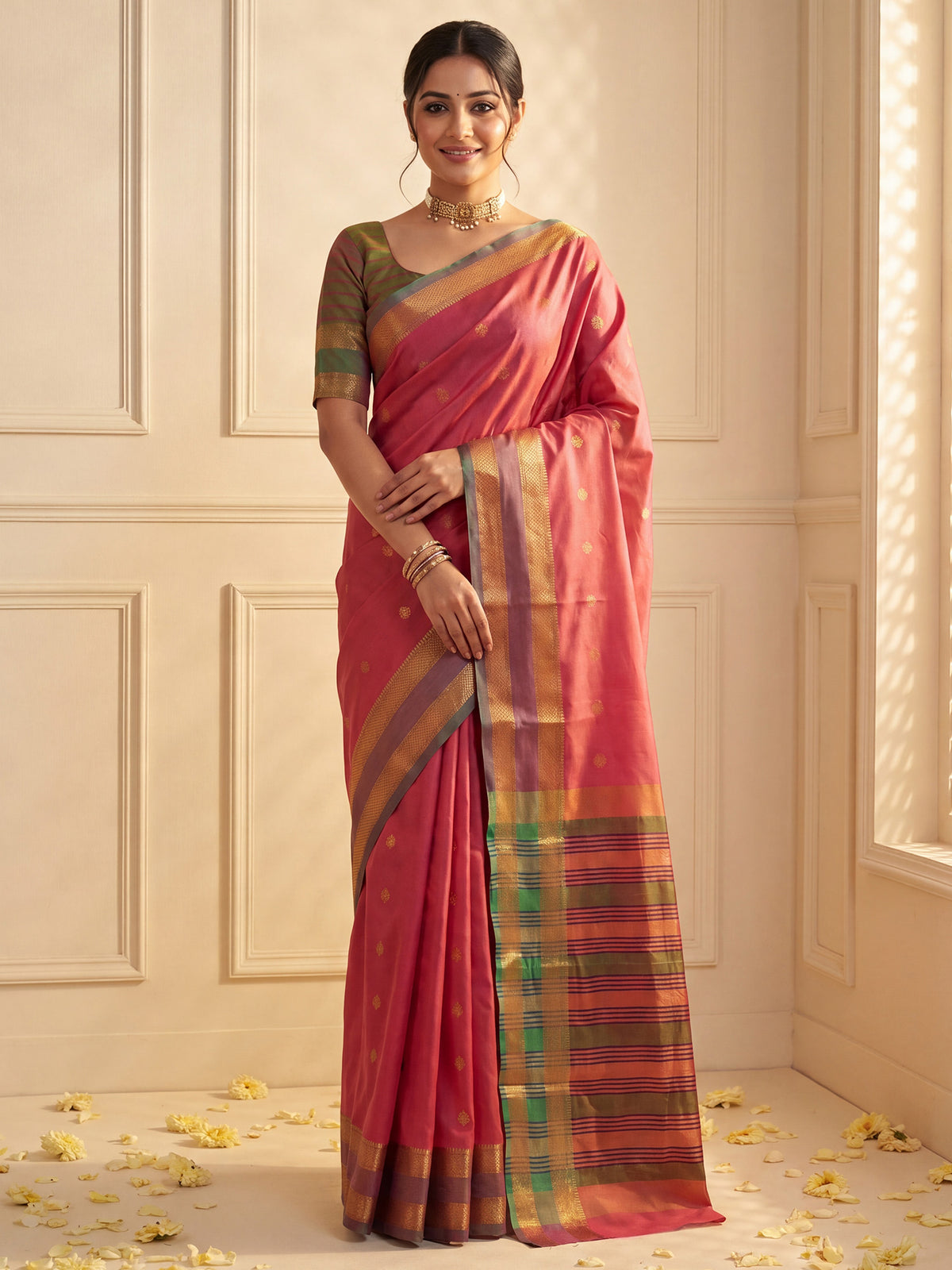 Woman wearing red soft silk saree with zari butta (metallic motif) work and light green blouse