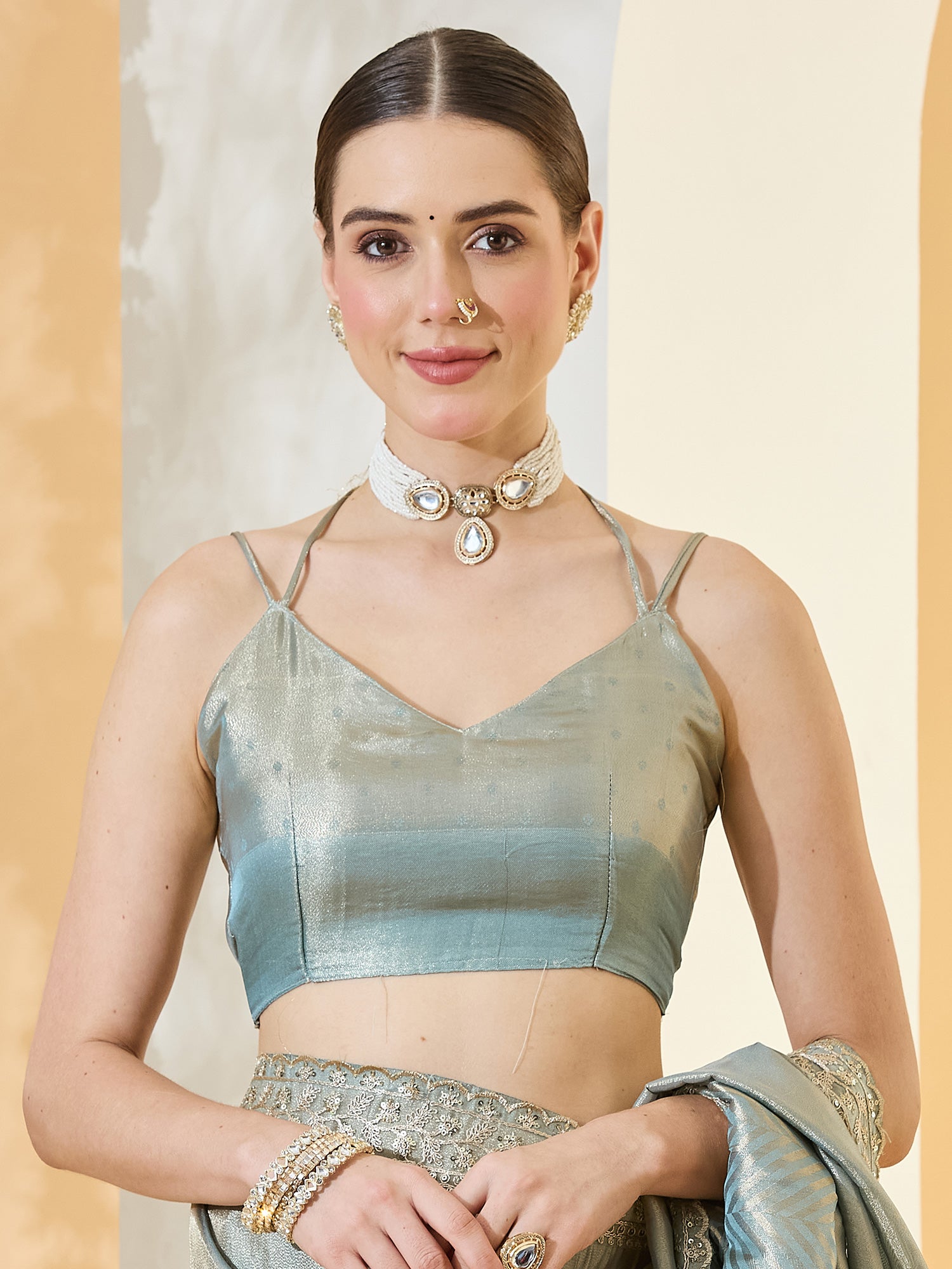 Unstitched light blue silk blend blouse piece with embellished design