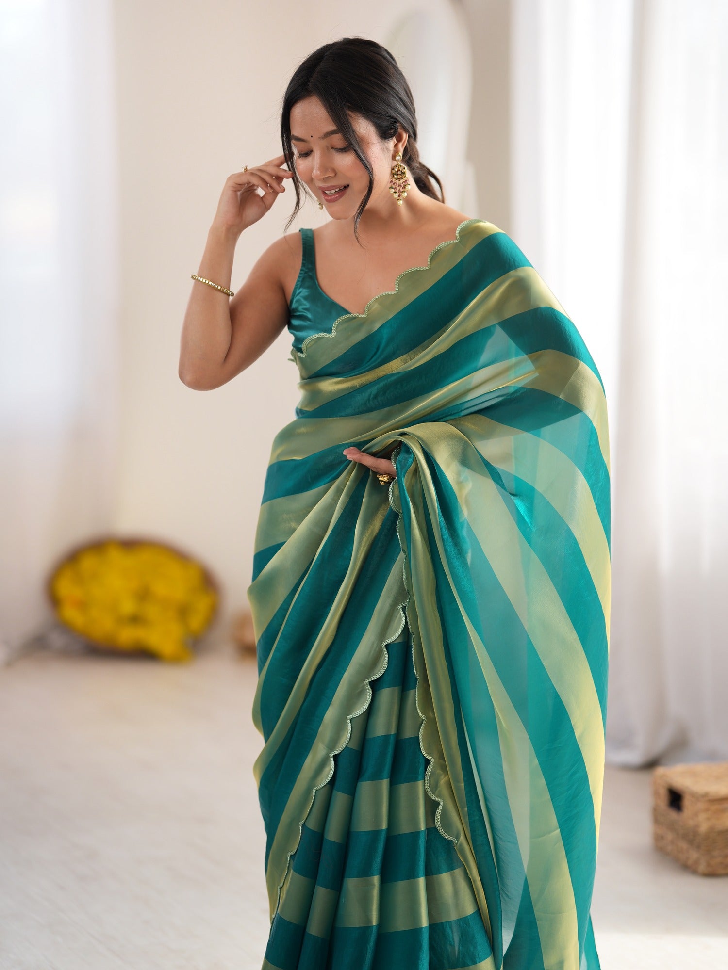 Teal Green Satin saree – detail view 4