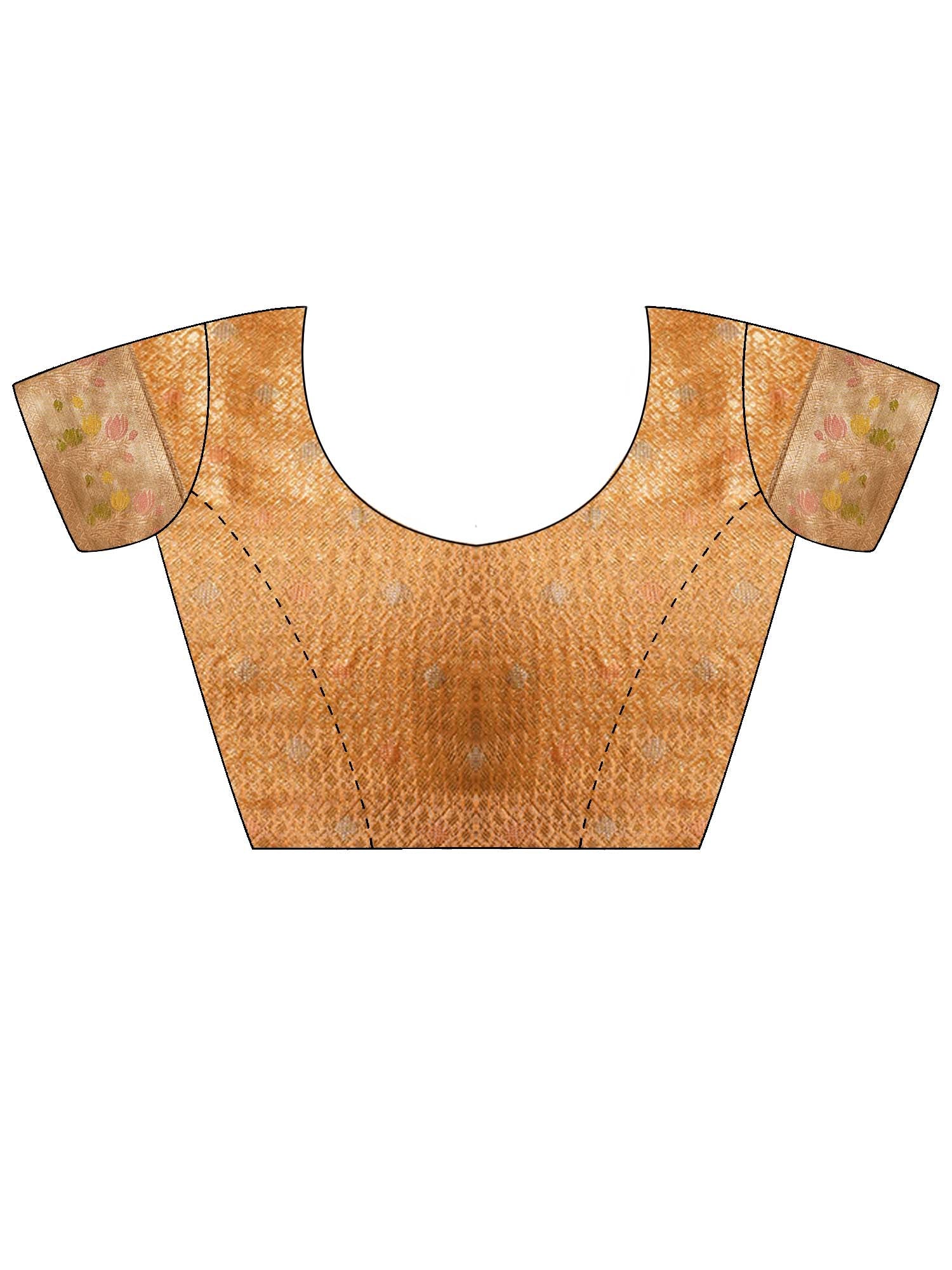 Unstitched orange brocade blouse piece with ethnic motif design