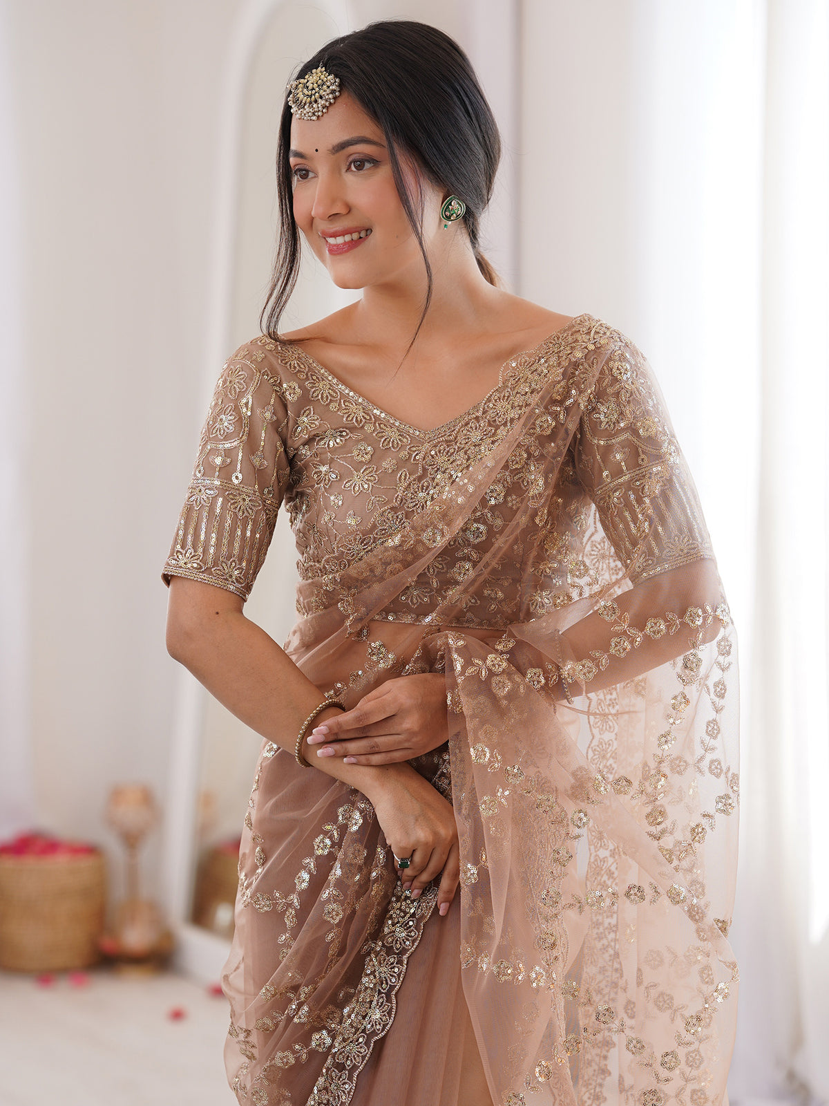 Beige Net saree – detail view 4
