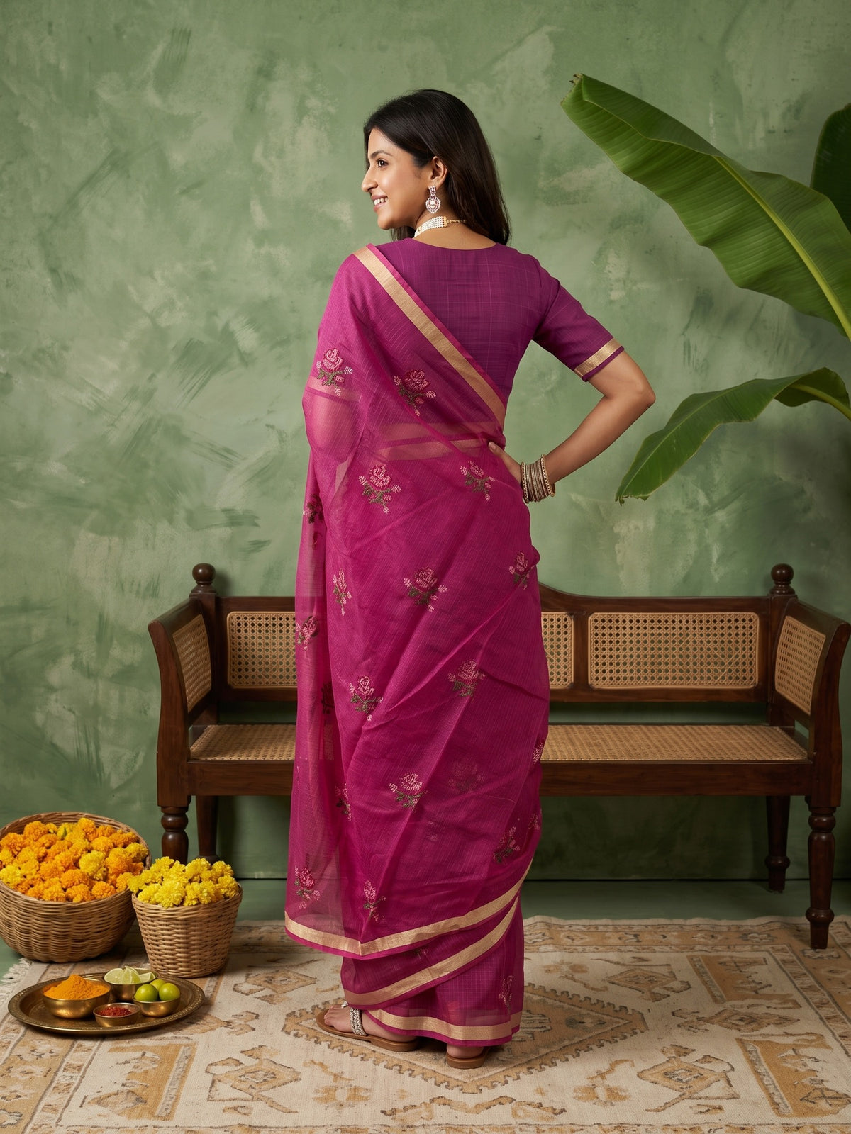 Magenta Kota Doria Cotton saree – detail view 2