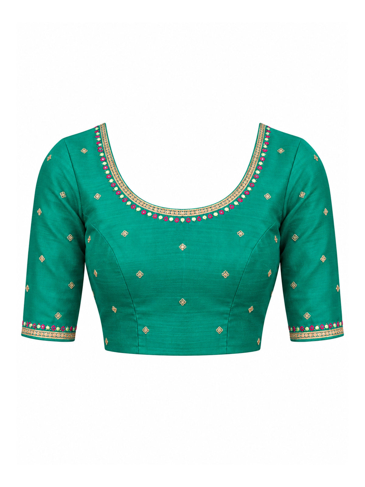 Unstitched teal green banglori silk blouse piece with embellished design