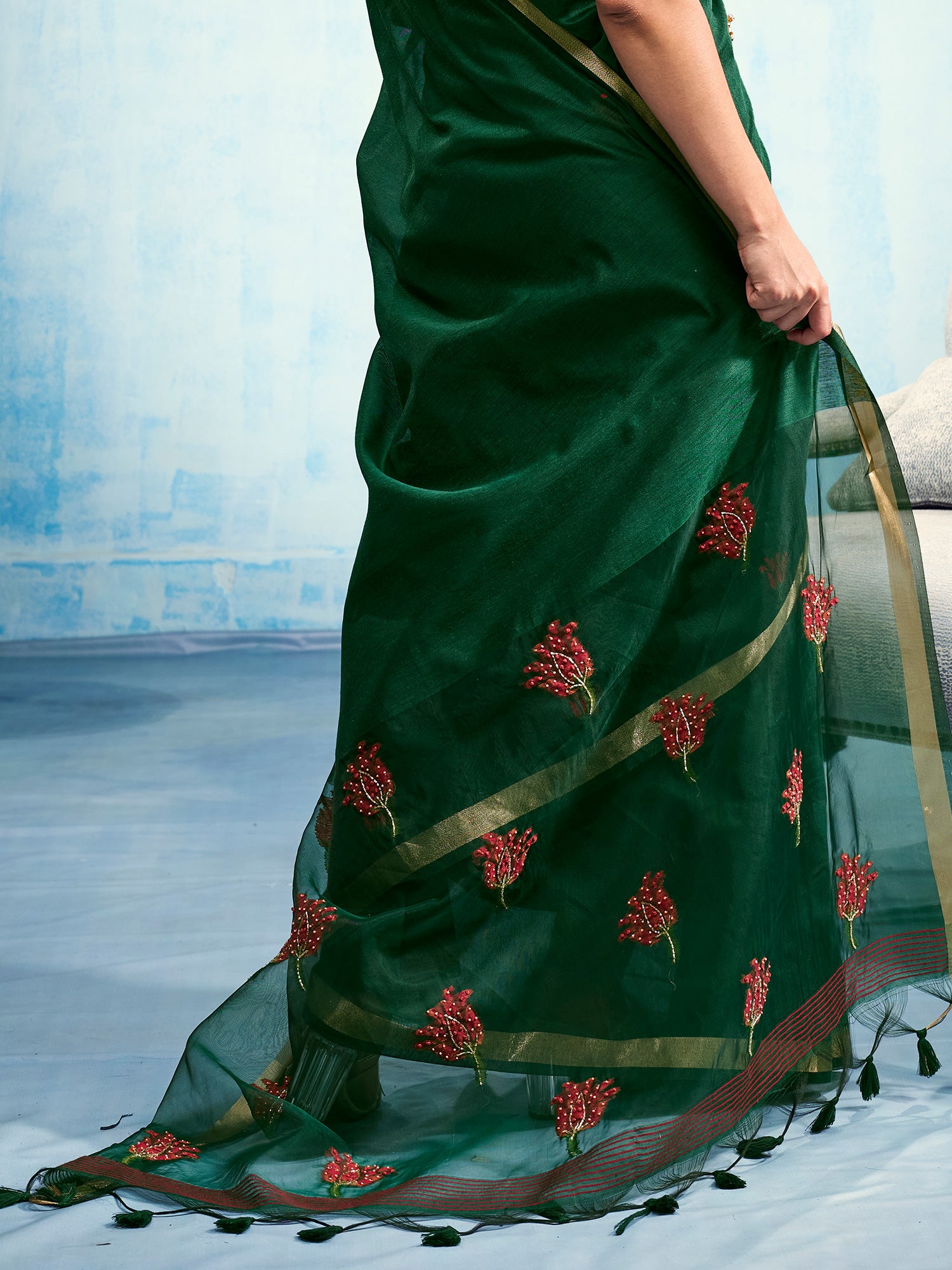 Green Muga Cotton saree – detail view 5