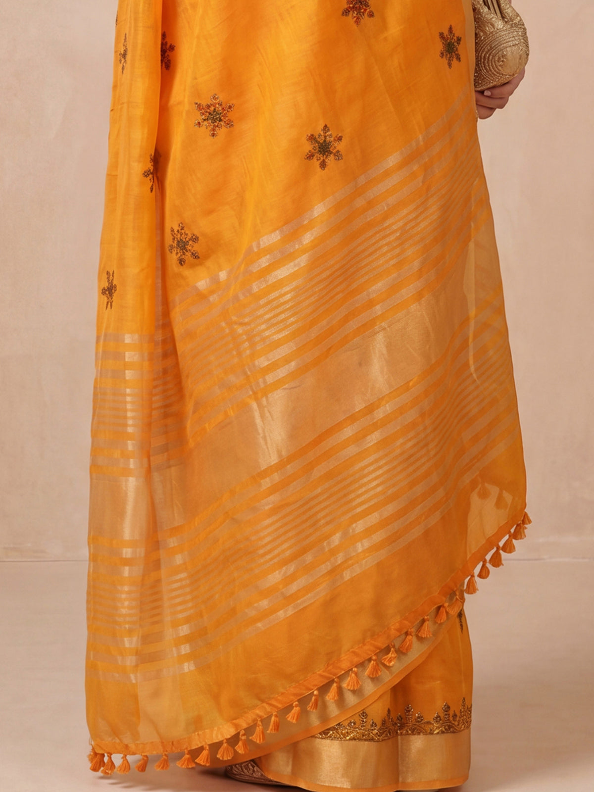 Mustard Cotton Linen saree – detail view 5