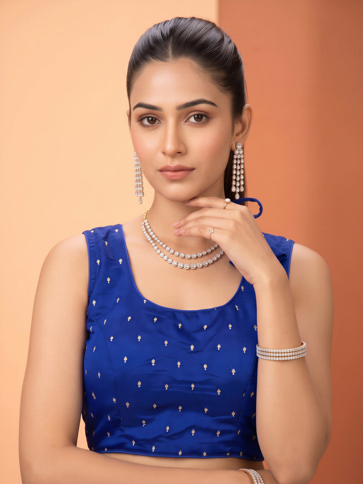 Blue sequin embellished silk blend sleeveless readymade saree blouse with round neck view 3