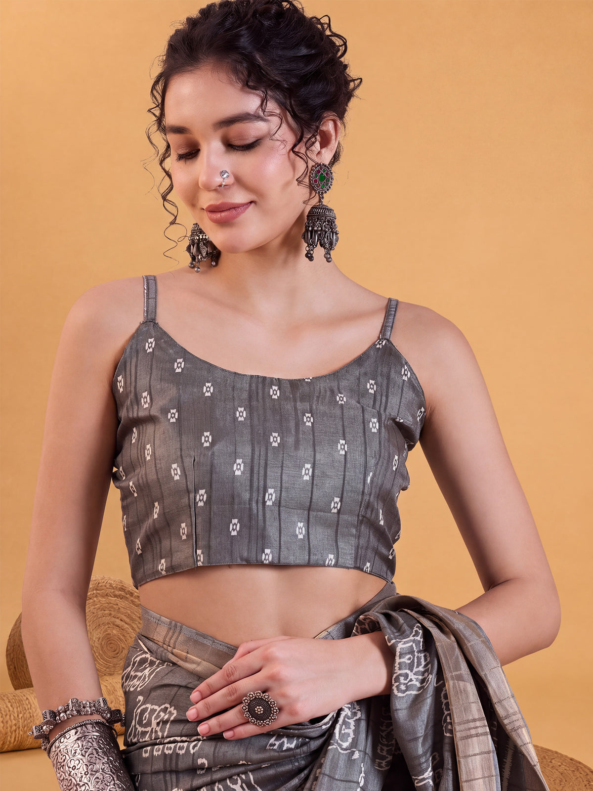 Unstitched grey silk blend blouse piece with floral design