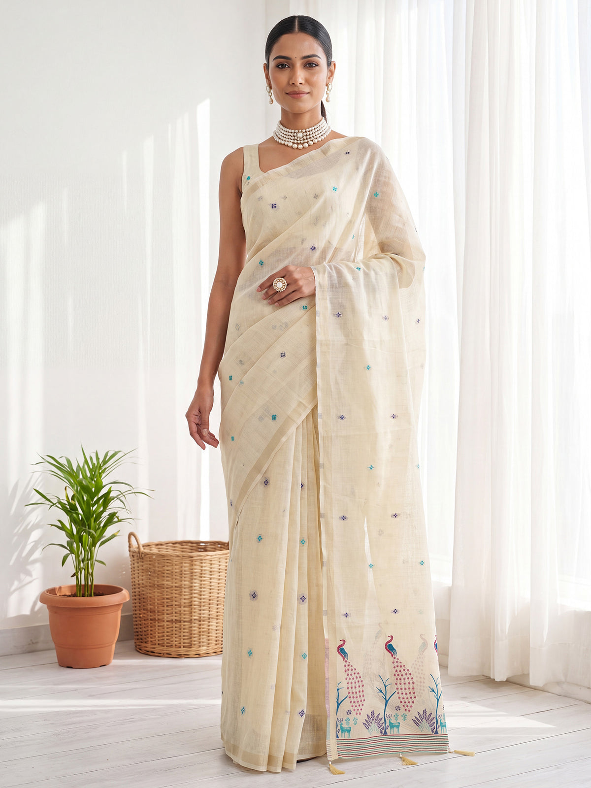 Woman wearing cream cotton linen saree with peacock motif design and cream blouse
