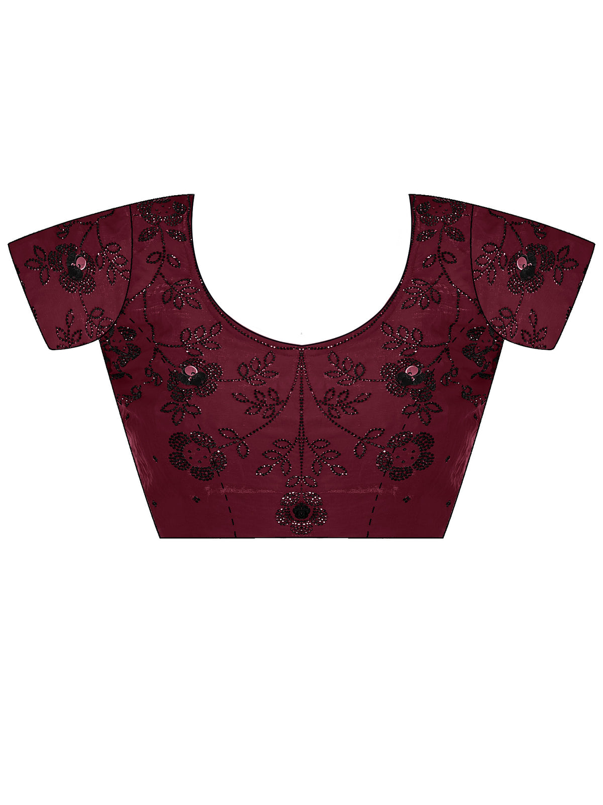 Unstitched maroon satin silk blouse piece with embellished design