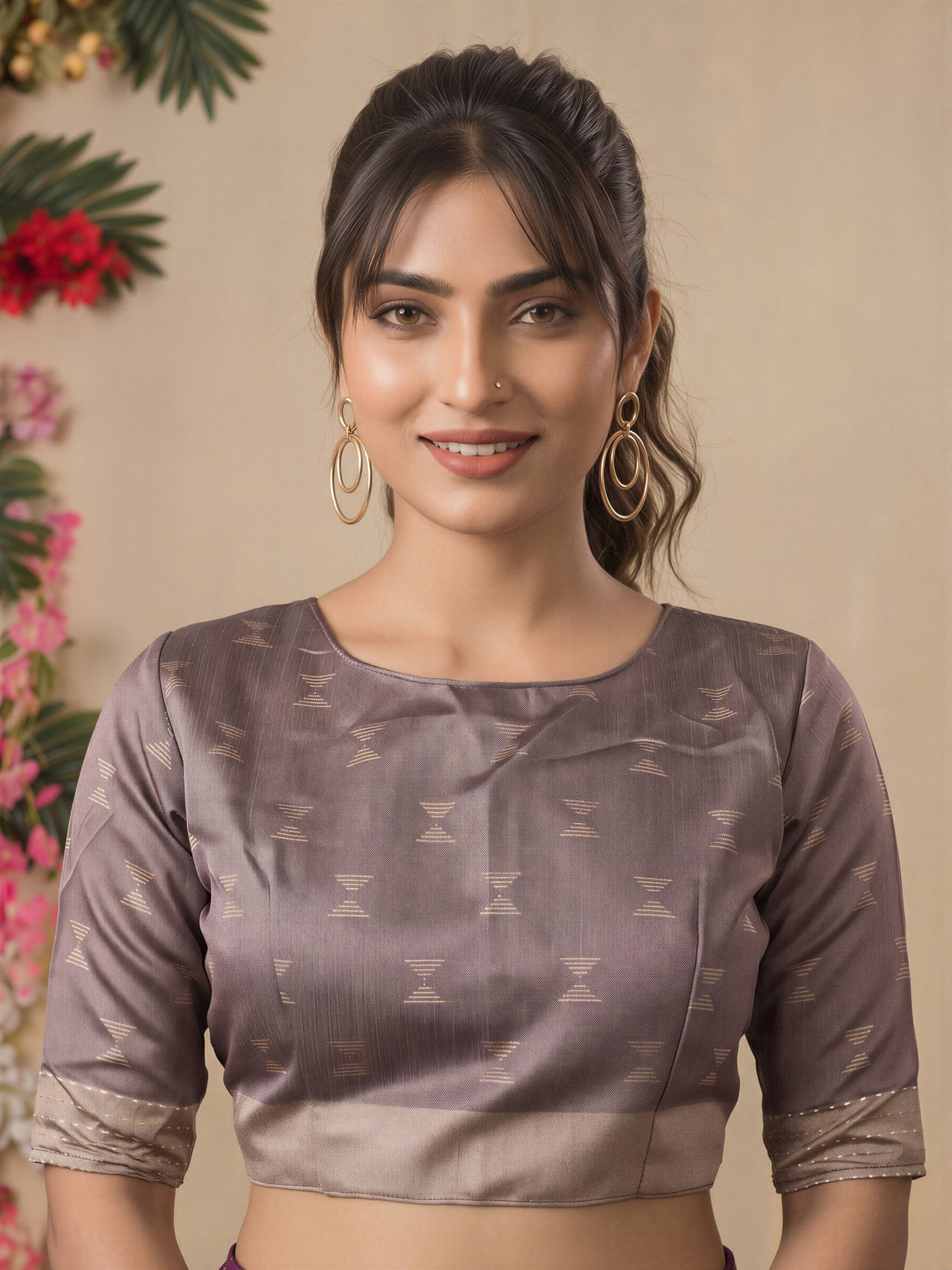 Unstitched mauve silk cotton blouse piece with geometric design