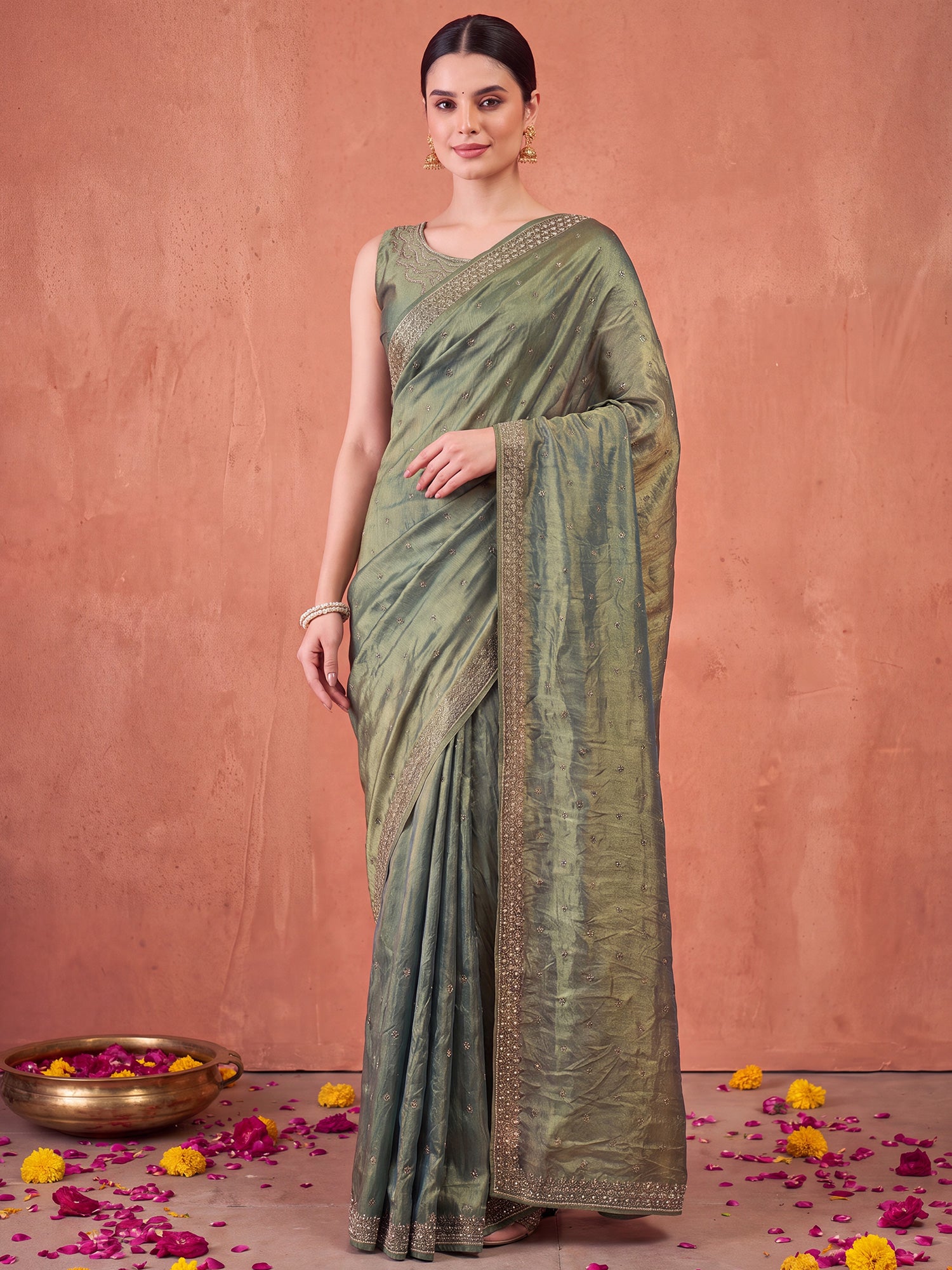 Olive Satin Silk saree – detail view 3