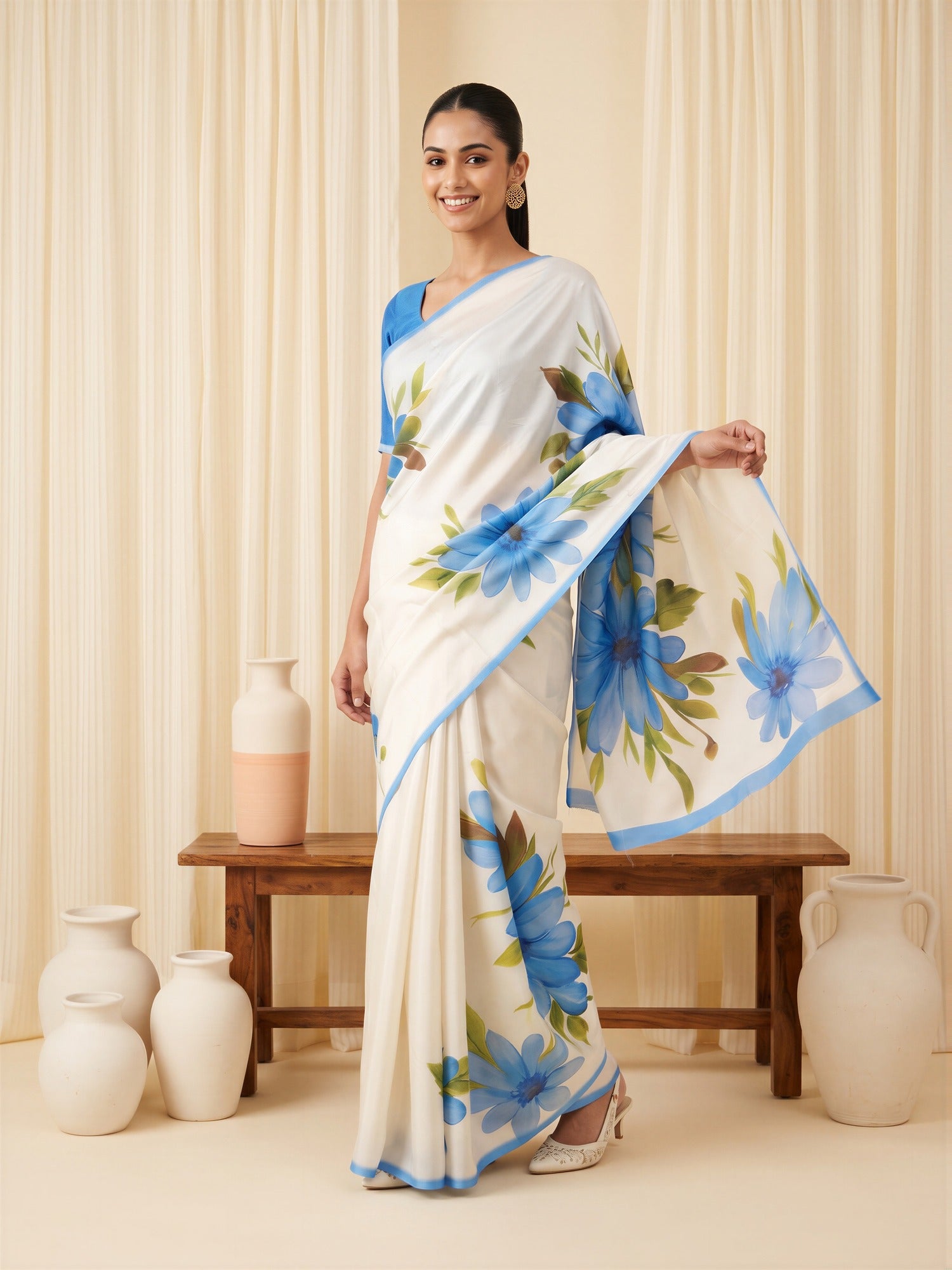 Woman wearing light blue chiffon saree with all-over floral design and light blue blouse