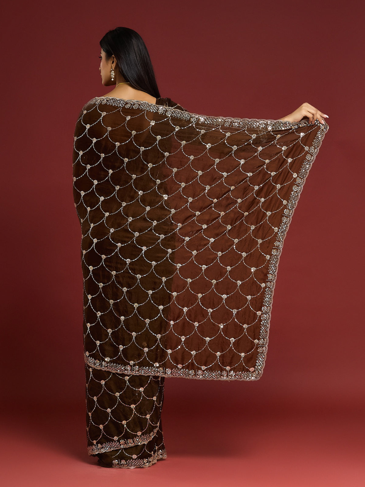 Brown Satin saree – detail view 4