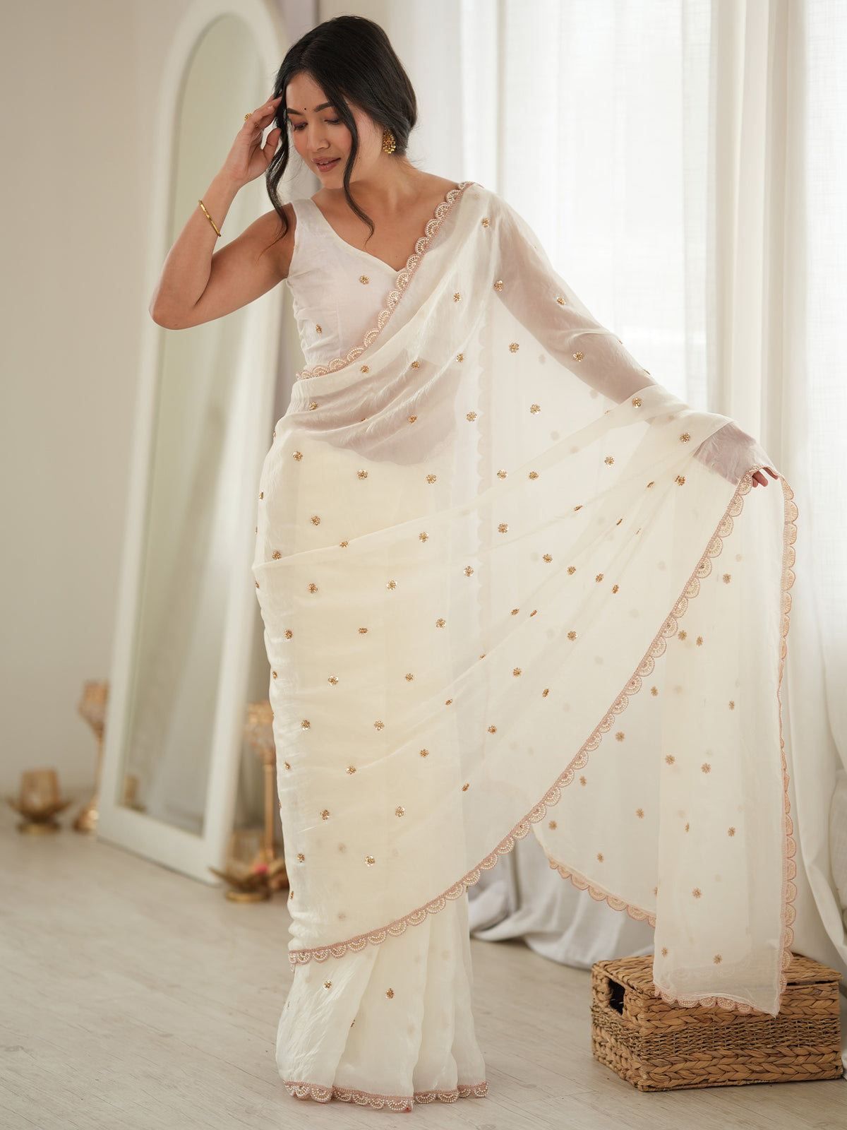 Off White Satin saree – detail view 2