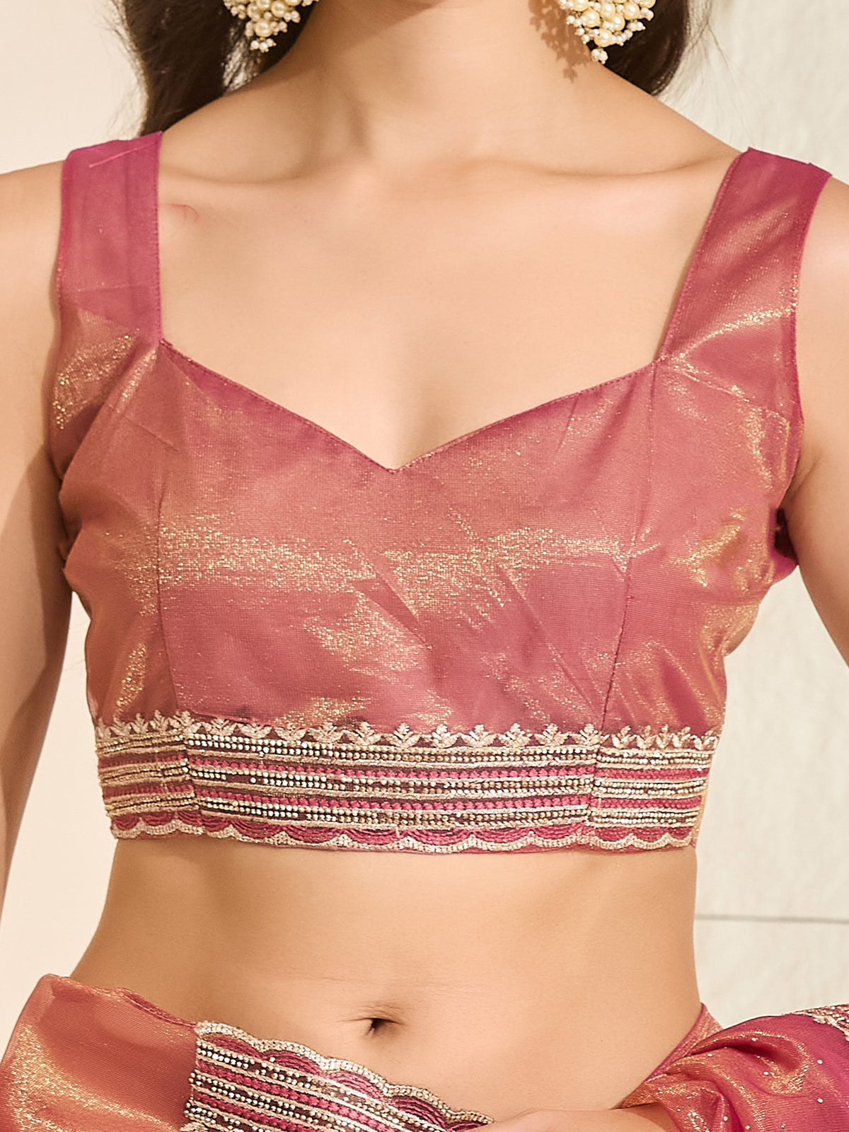 Unstitched peach net blouse piece with embellished design