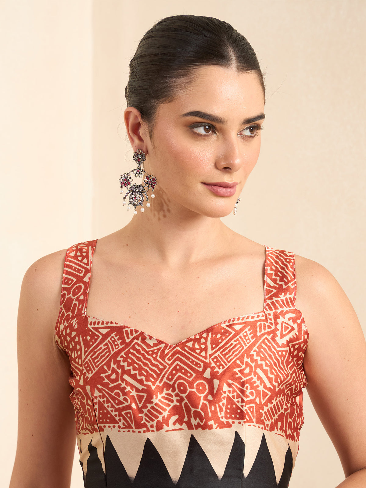 Unstitched maroon pure crepe blouse piece with ethnic motif design