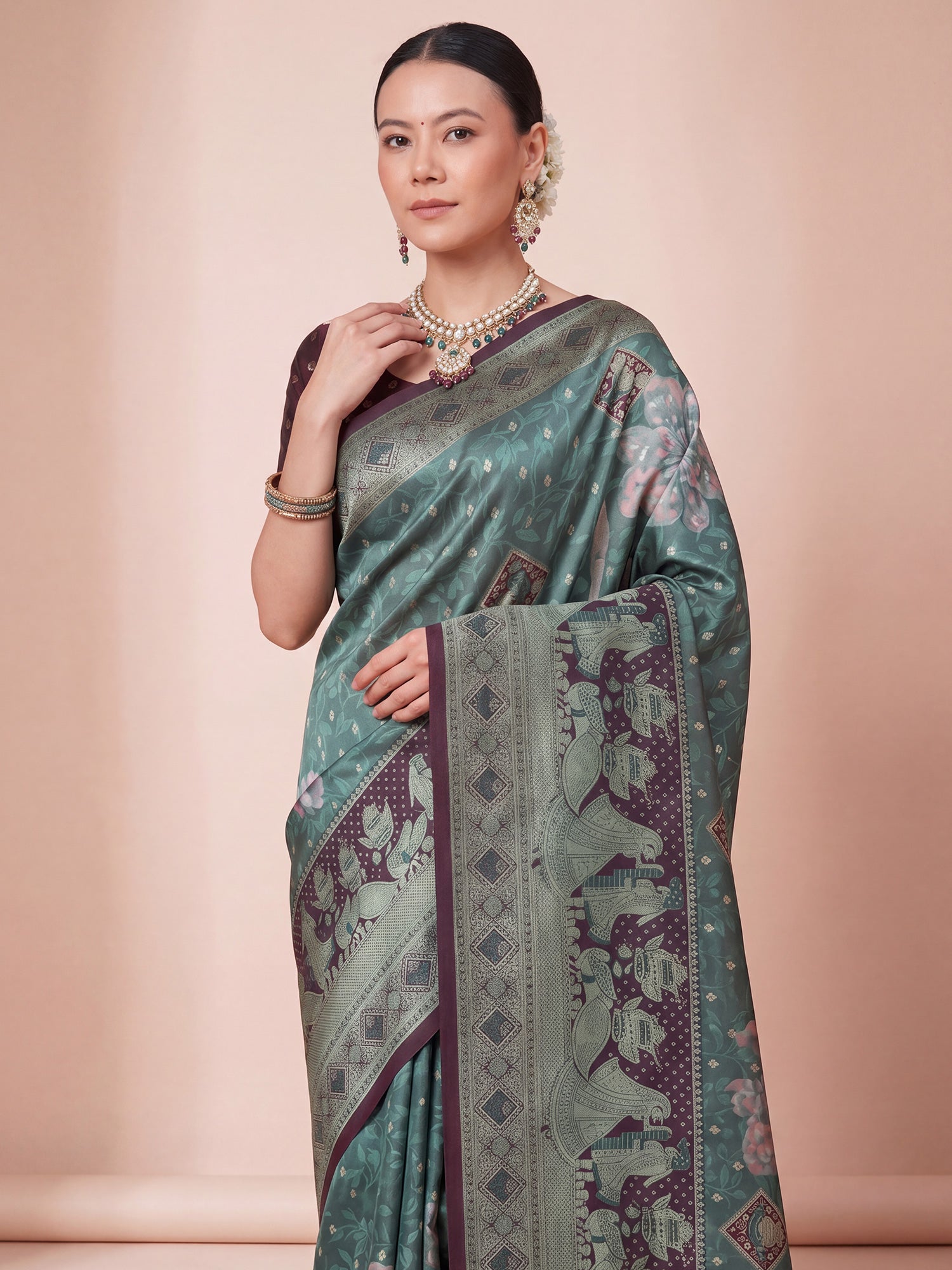 Sea Green Jacquard saree – detail view 4