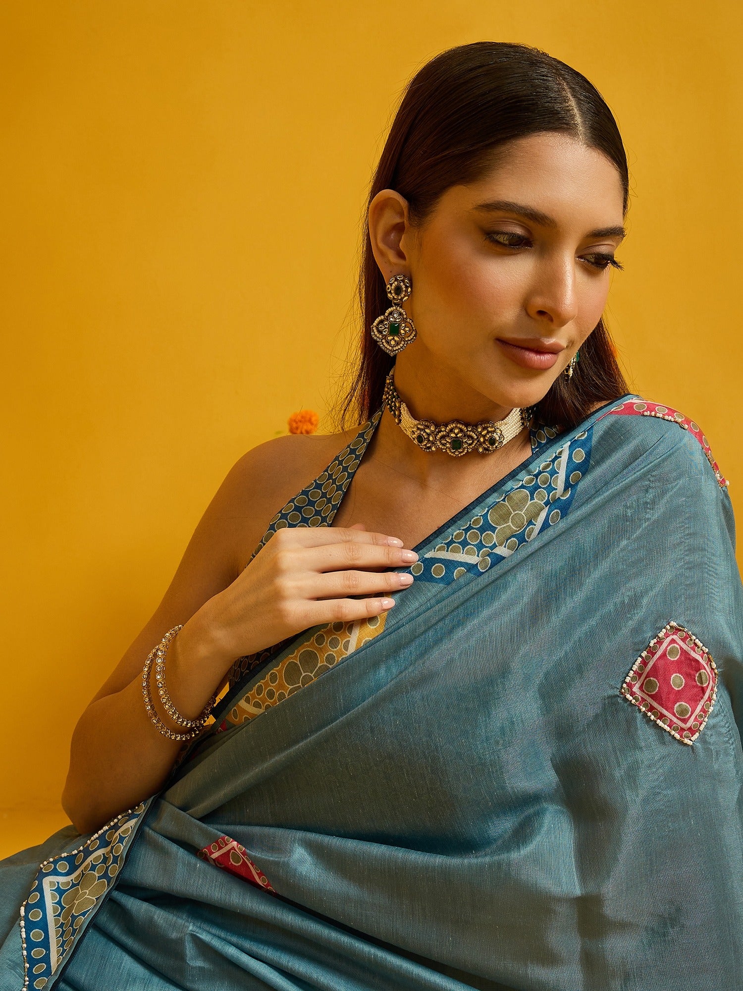 Teal Blue Silk Cotton saree – detail view 3