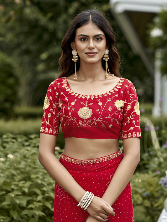 Red georgette saree view 1