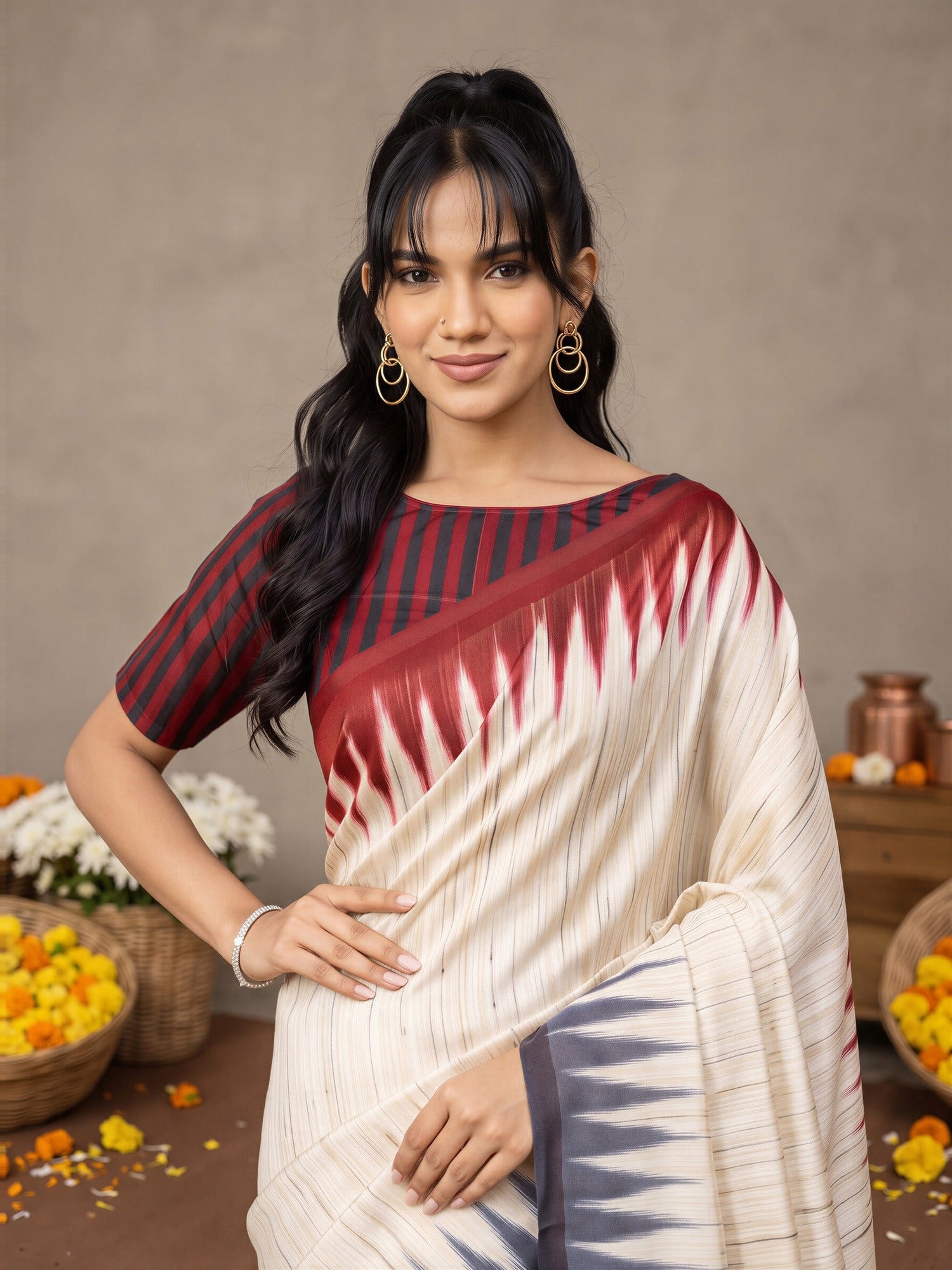 Beige Bhagalpuri Silk saree – detail view 4