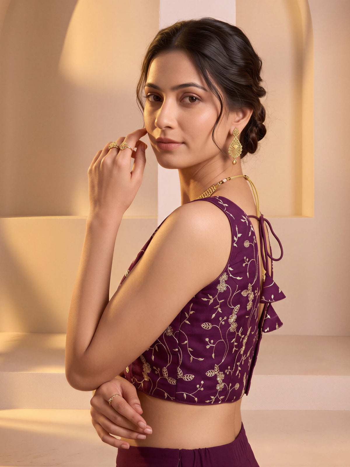 Wine sequin embroidered vichitra silk sleeveless readymade saree blouse with v neck view 2