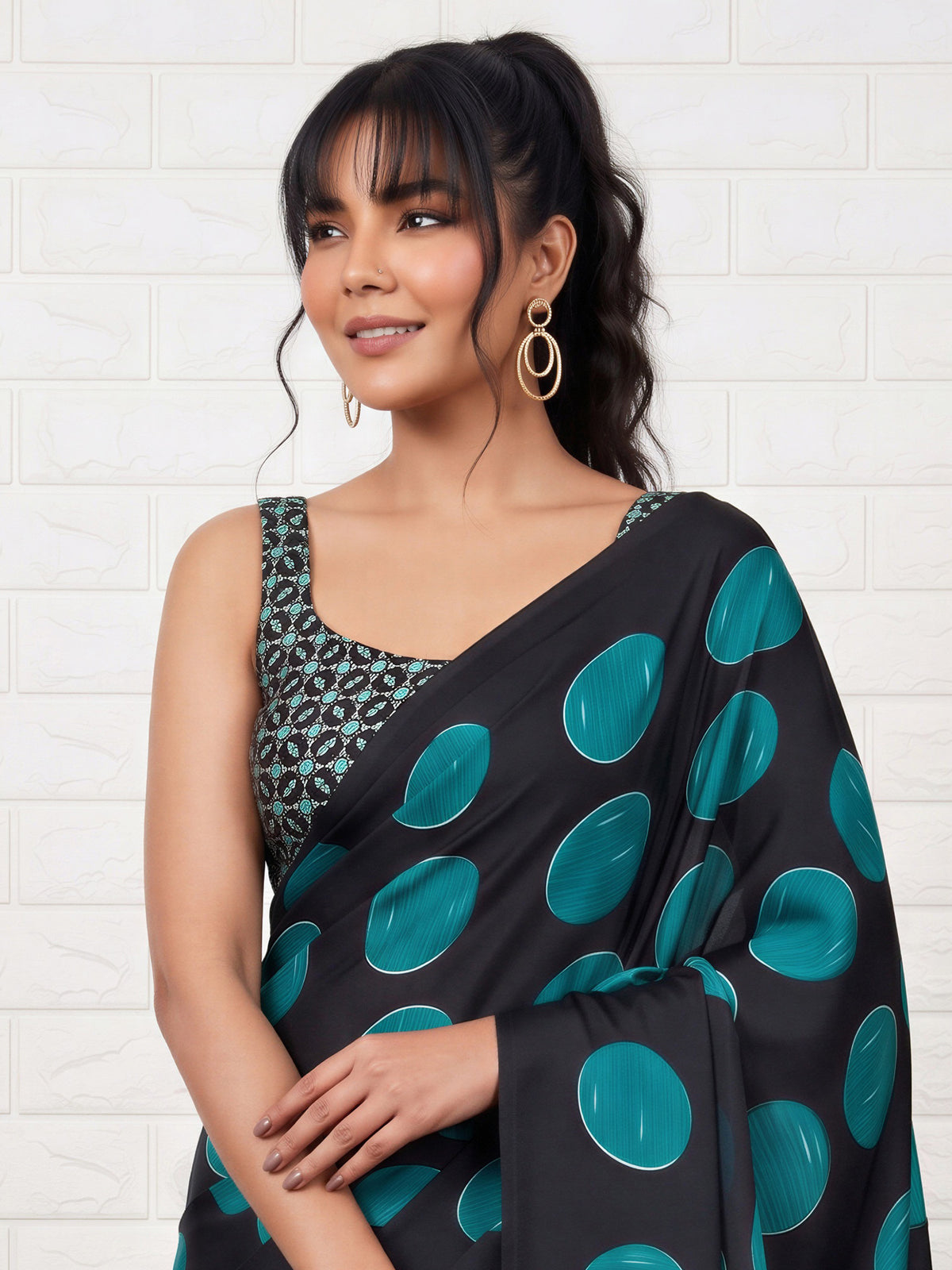 Teal Blue Satin saree – detail view 4