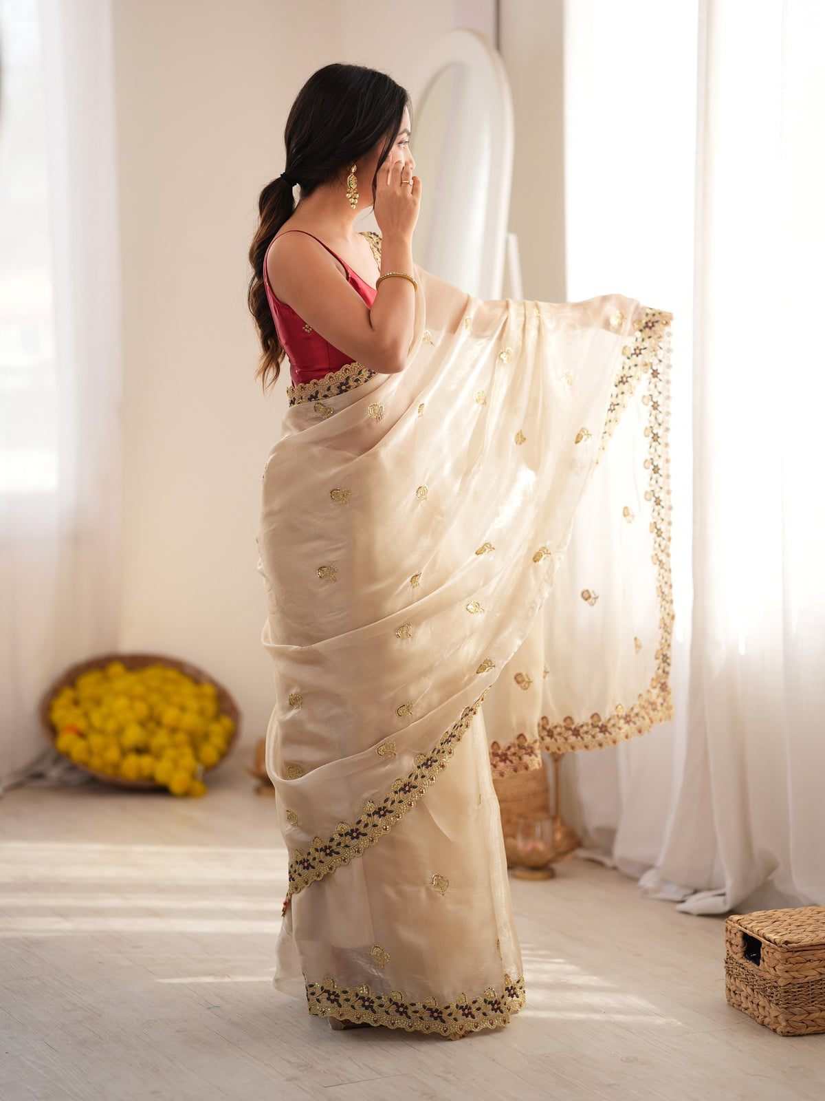 Beige Satin saree – detail view 1