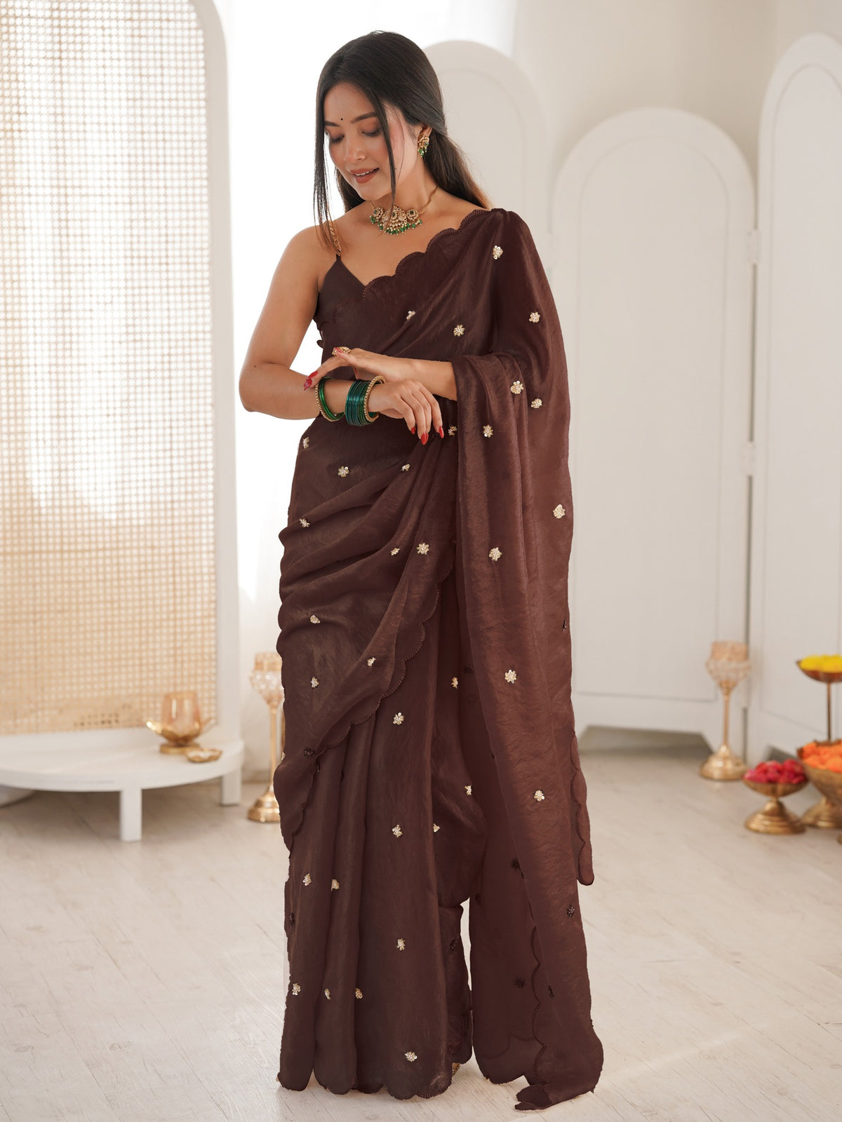 Brown satin saree view 1