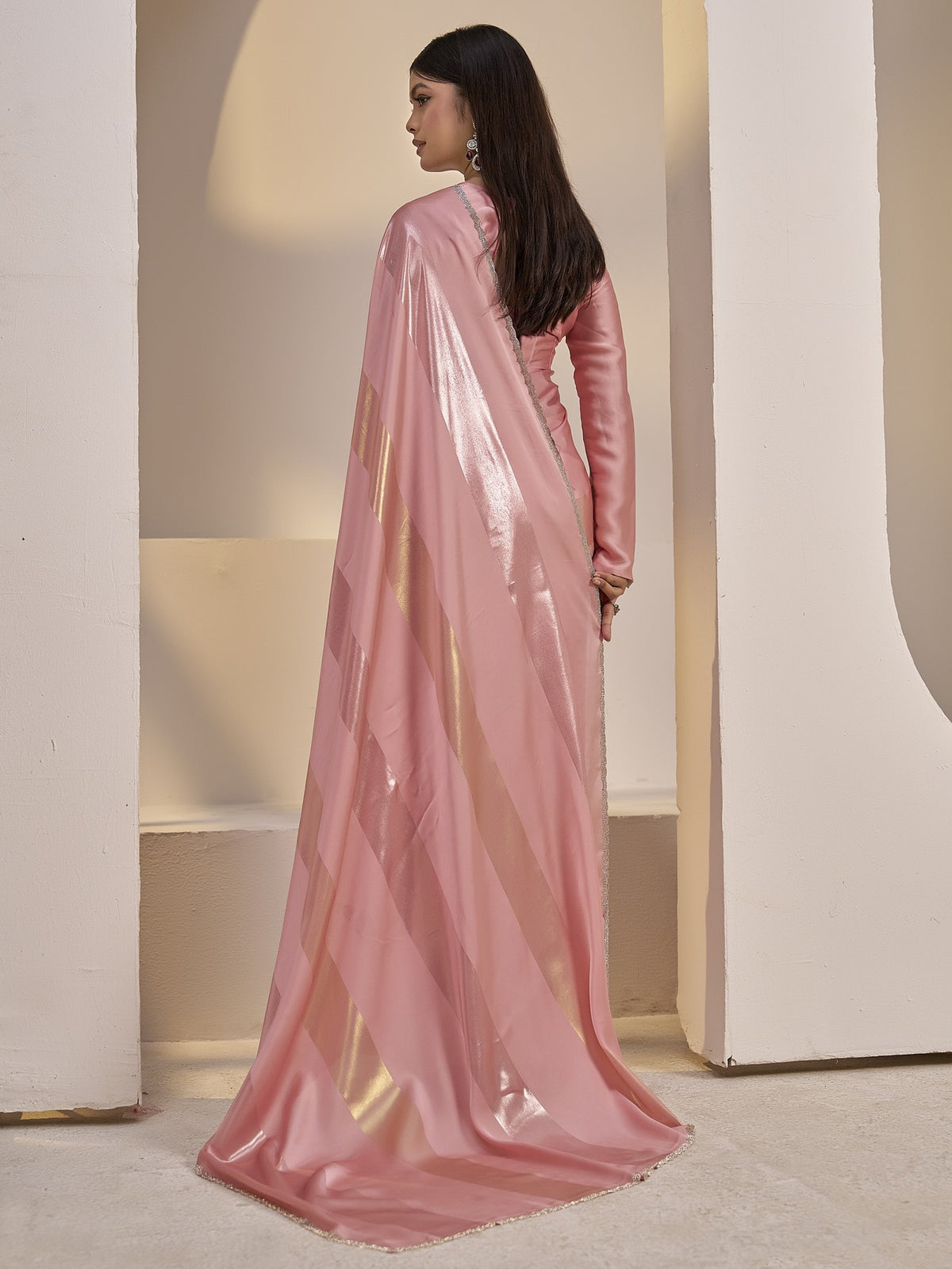 Peach satin silk saree view 3