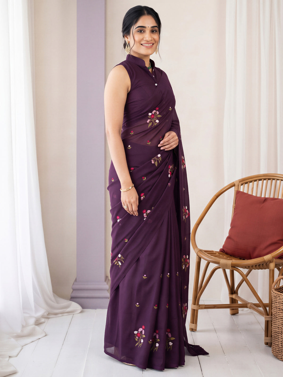 Wine Kota Doria Cotton saree – detail view 2