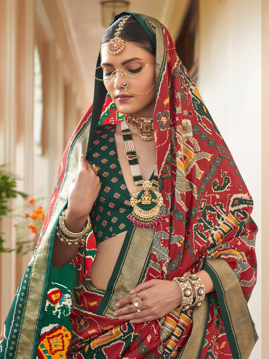Red silk blend saree view 1