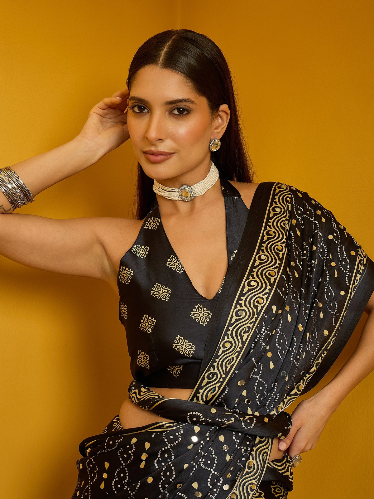 Black Satin Silk saree – detail view 2
